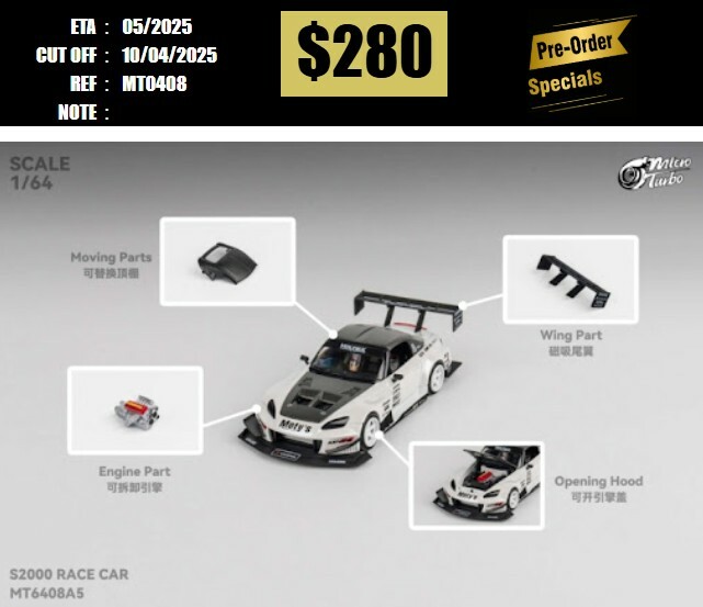 PO-$280 * MICRO TURBO * 1:64 HONDA S2000 AP1 RACE CAR WHITE W/RACE STRIPS [OD08/04]