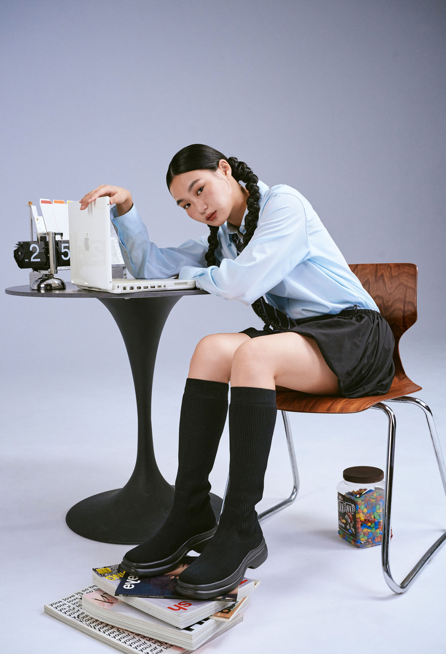 經典厚底膝下長靴 黑羅紋