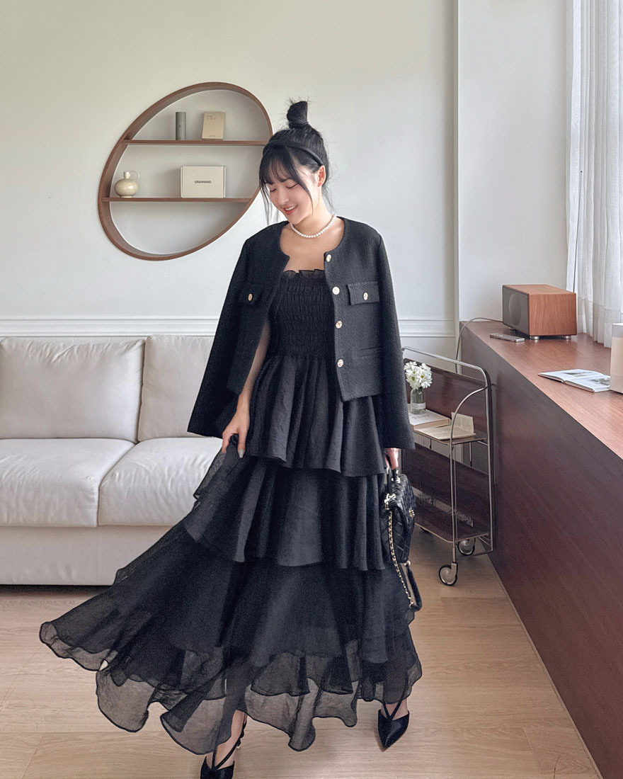 LINA LINA優美出眾純色蛋糕裙擺平口洋裝-高貴黑