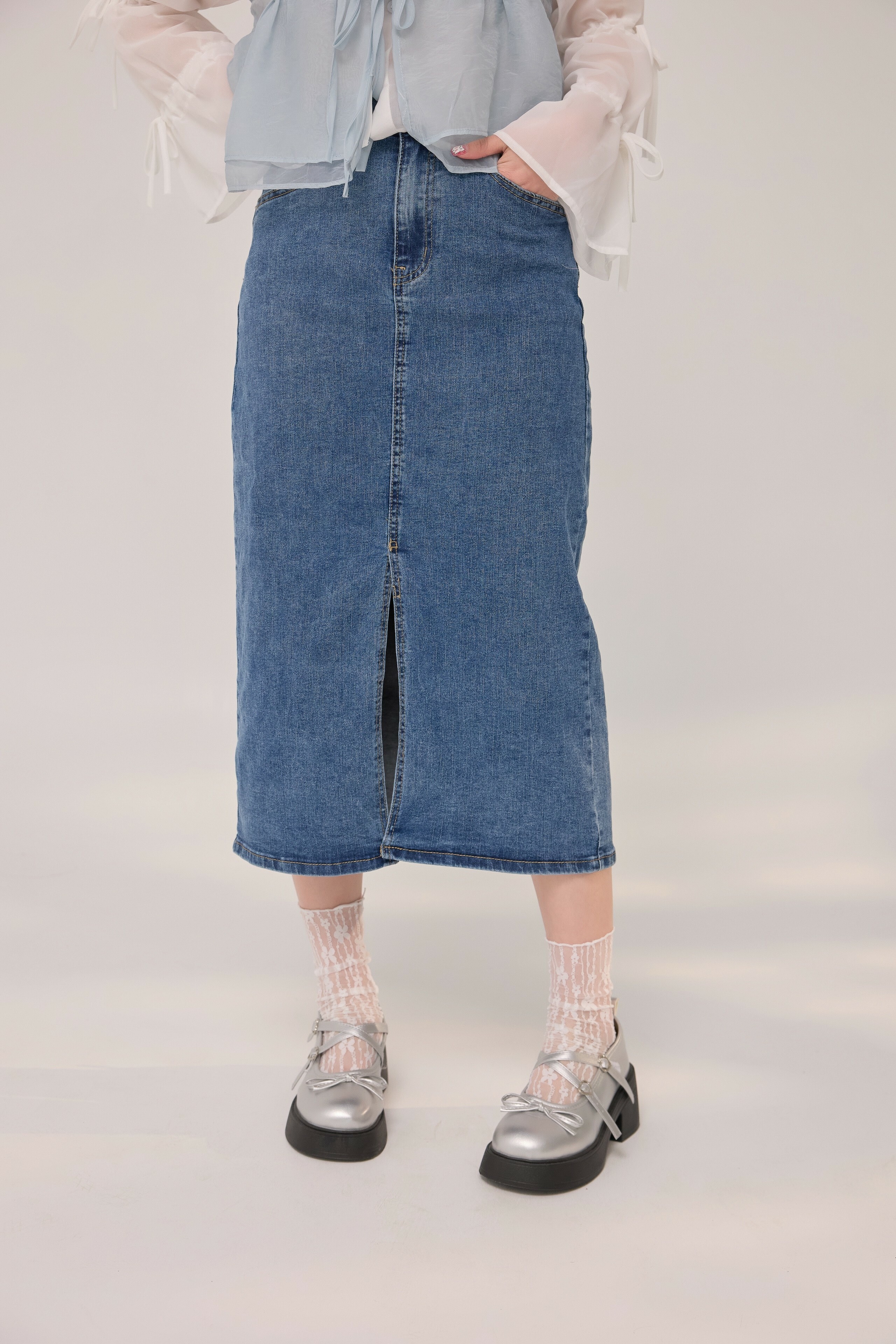 法朵Fado shop｜ 前開岔口袋牛仔裙 深藍/淺藍 S~XL 4543001