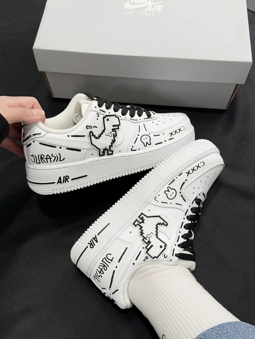 【訂製鞋款】 Nike Air Force 1 Low 空軍一號 Google 小恐龍 惡龍咆哮 手繪塗鴉 線條 休閒鞋