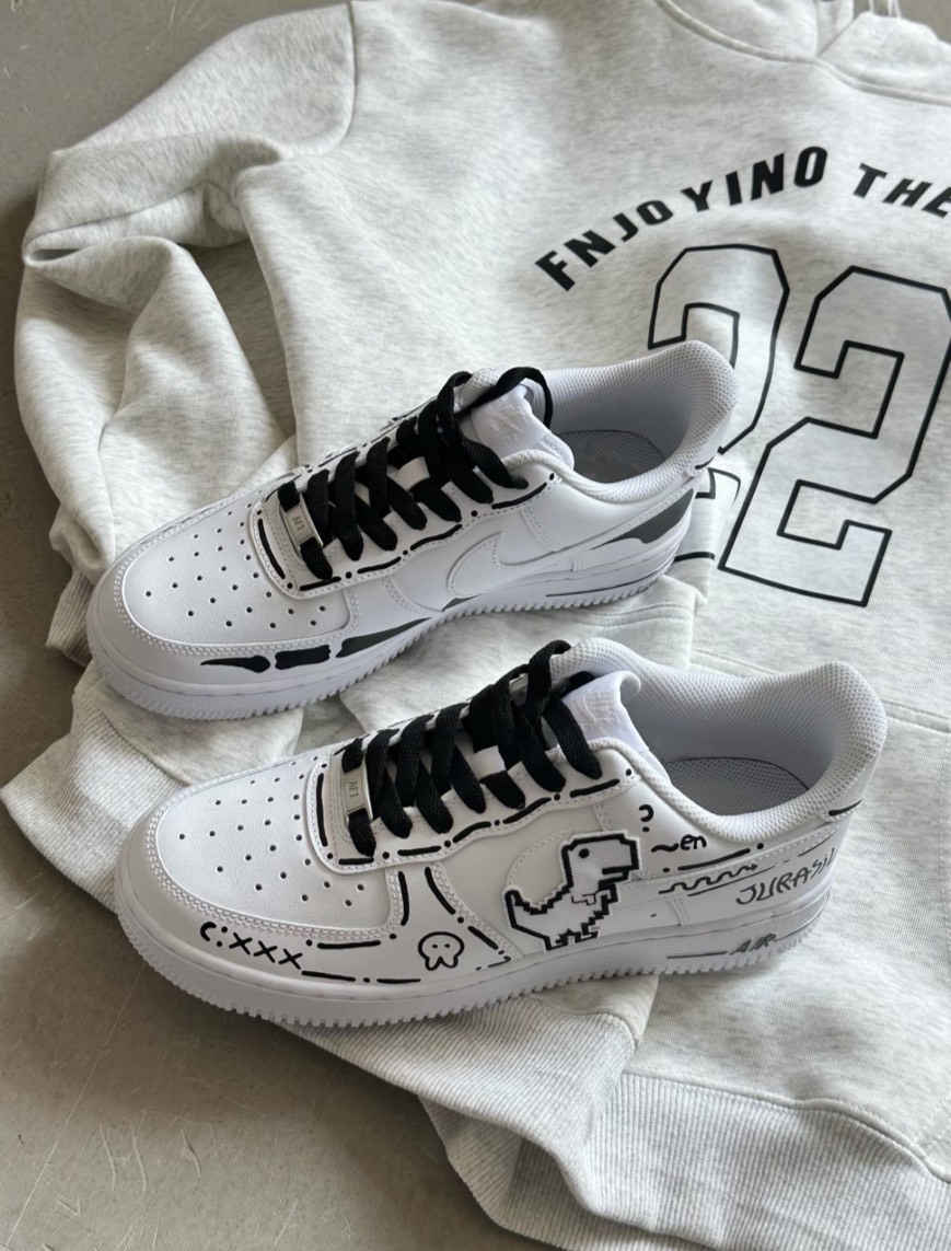 【訂製鞋款】 Nike Air Force 1 Low 空軍一號 Google 小恐龍 惡龍咆哮 手繪塗鴉 線條 休閒鞋