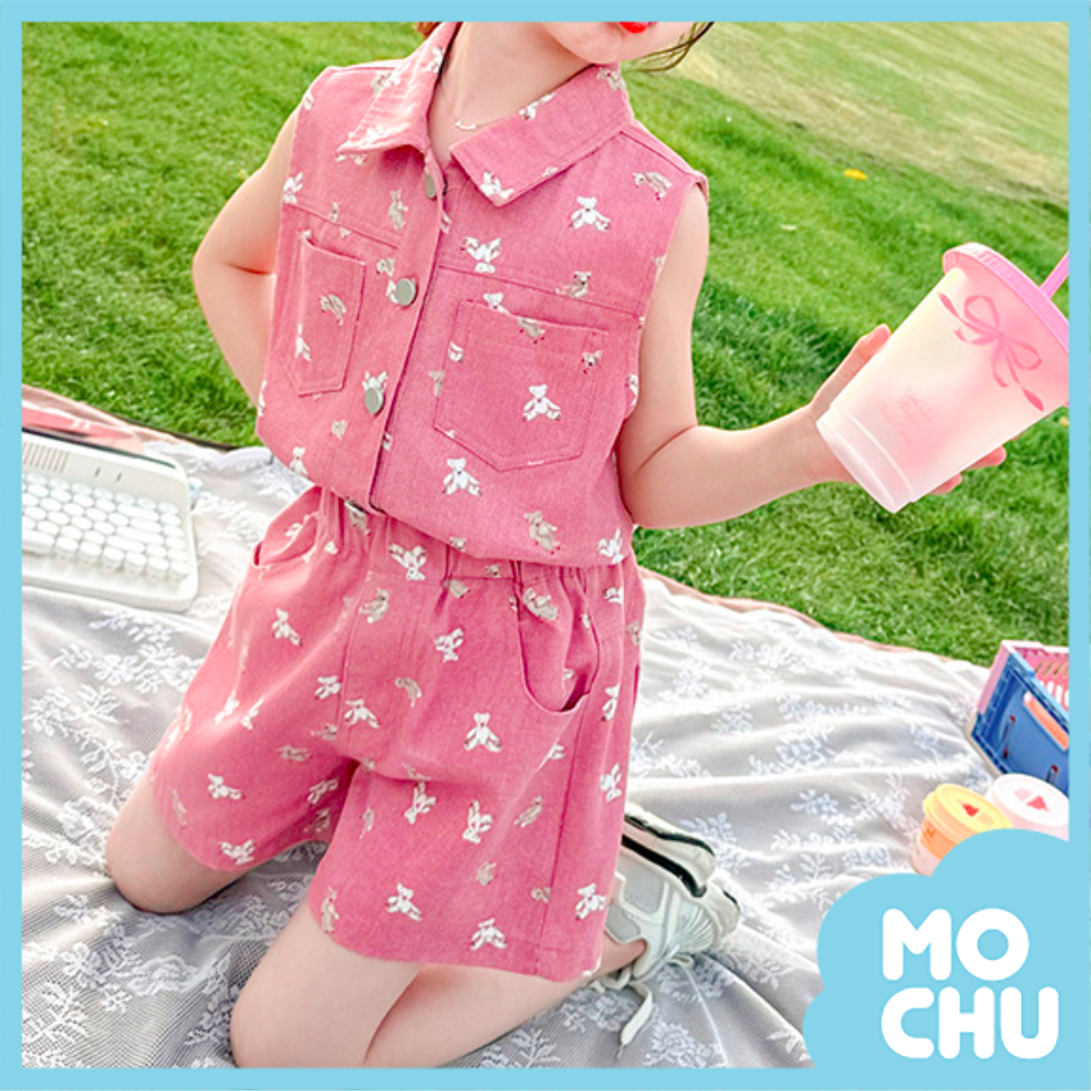 滿印泰迪熊無袖工裝套裝