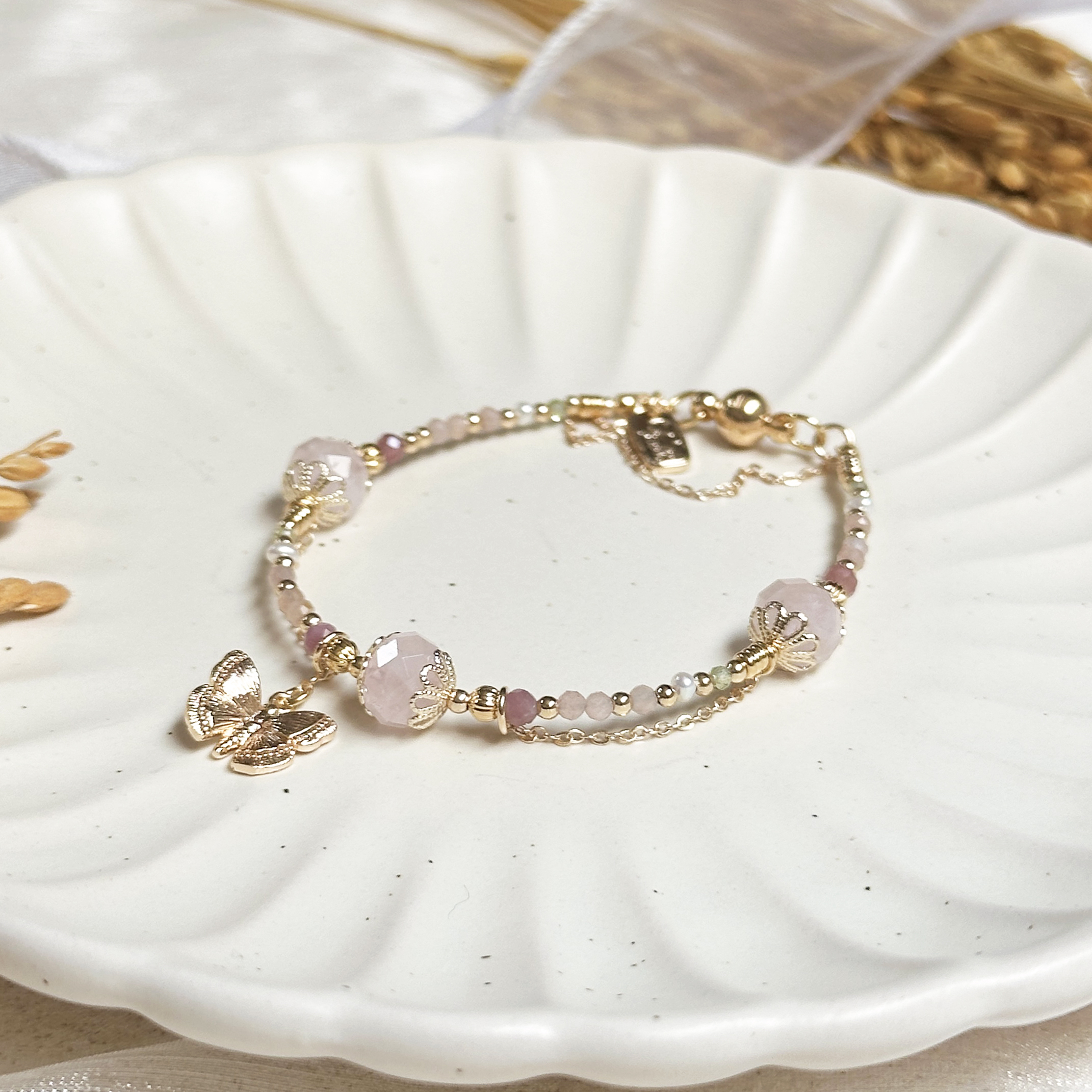 生日花 · 捌月參 · 蜀葵花 – 粉晶 – 手鍊