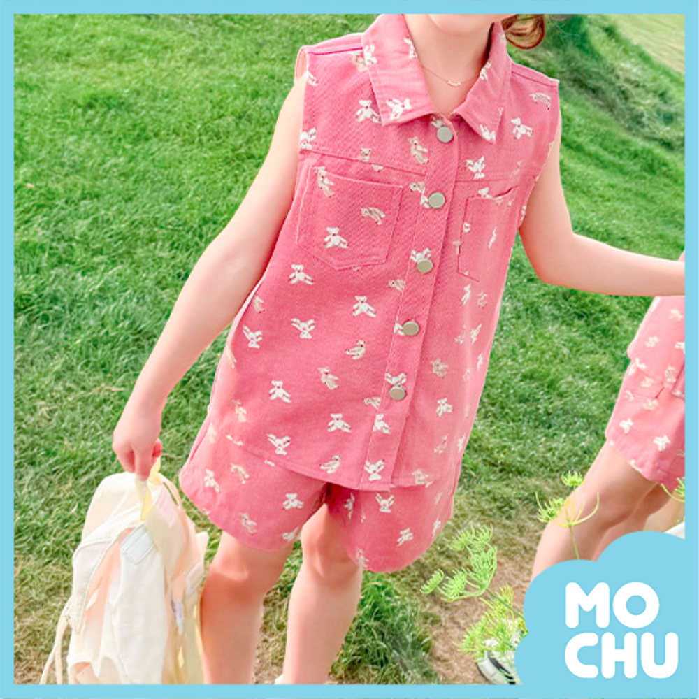 滿印泰迪熊無袖工裝套裝