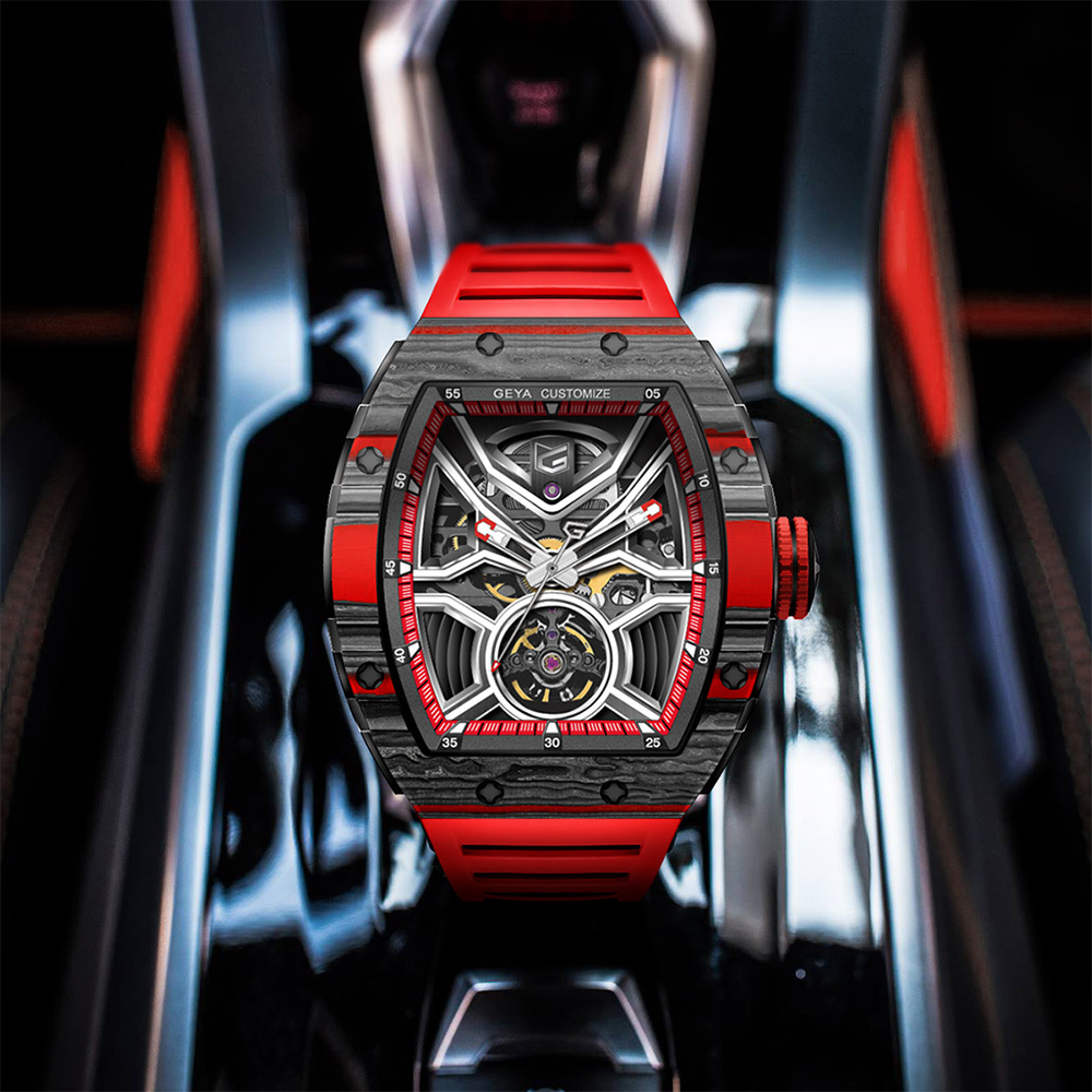 (預購)【GEYA格雅】G-MAX黑武士系列 G78076 酒桶款 雙面鏤空 碳纖維 機械 矽膠錶 另贈錶帶