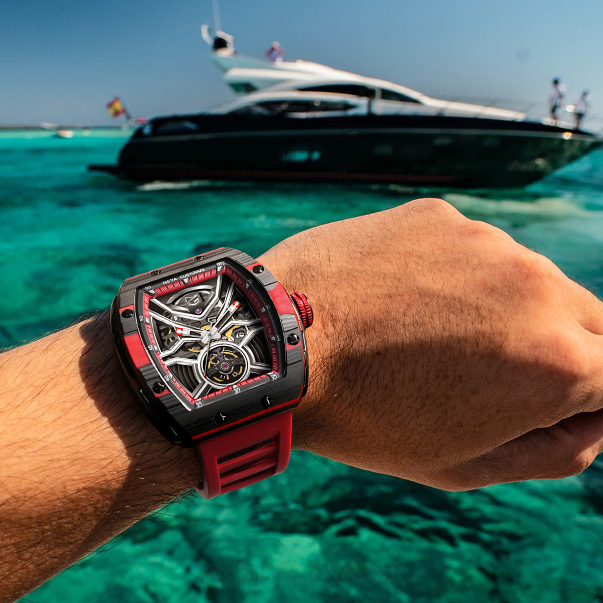【GEYA格雅】G-MAX黑武士系列 酒桶款 雙面鏤空 碳纖維 機械 矽膠錶 G78076