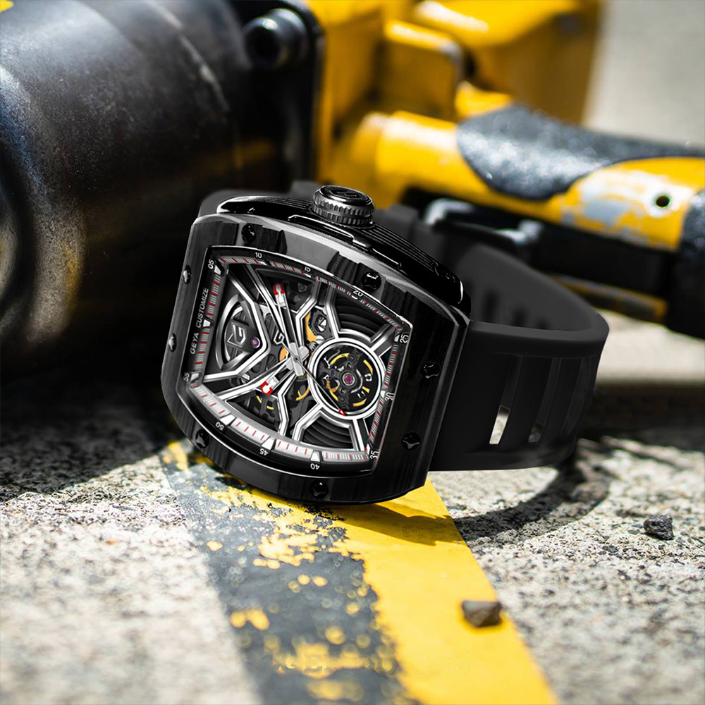 (預購)【GEYA格雅】G-MAX黑武士系列 G78076 酒桶款 雙面鏤空 碳纖維 機械 矽膠錶 另贈錶帶
