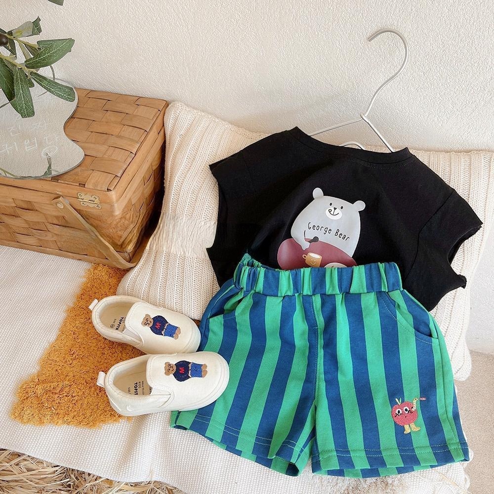 《1027》豎條紋刺繡小圖鬆緊短褲(73-110)