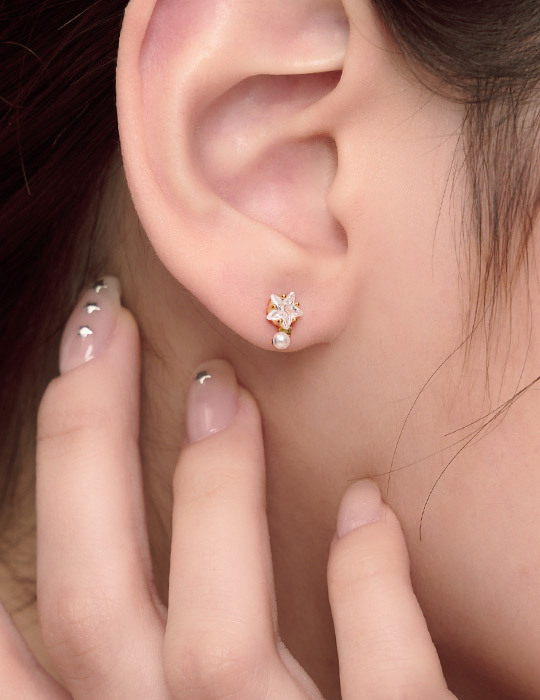 【925純銀】簡約弧形星星。銀針耳環(金)