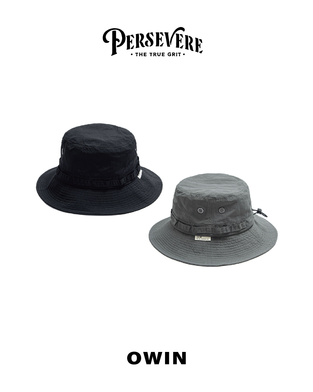 PERSEVERE X OWIN 防潑水尼龍漁夫帽 聯名款 可調節 機能 灰綠/黑 23 S/S Water-Repellent Bucket