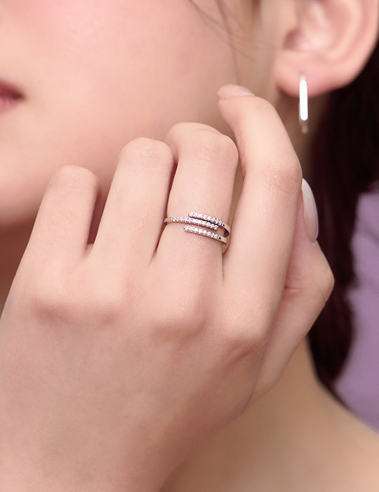 【925純銀】三層排鑽鍊層可調式戒指