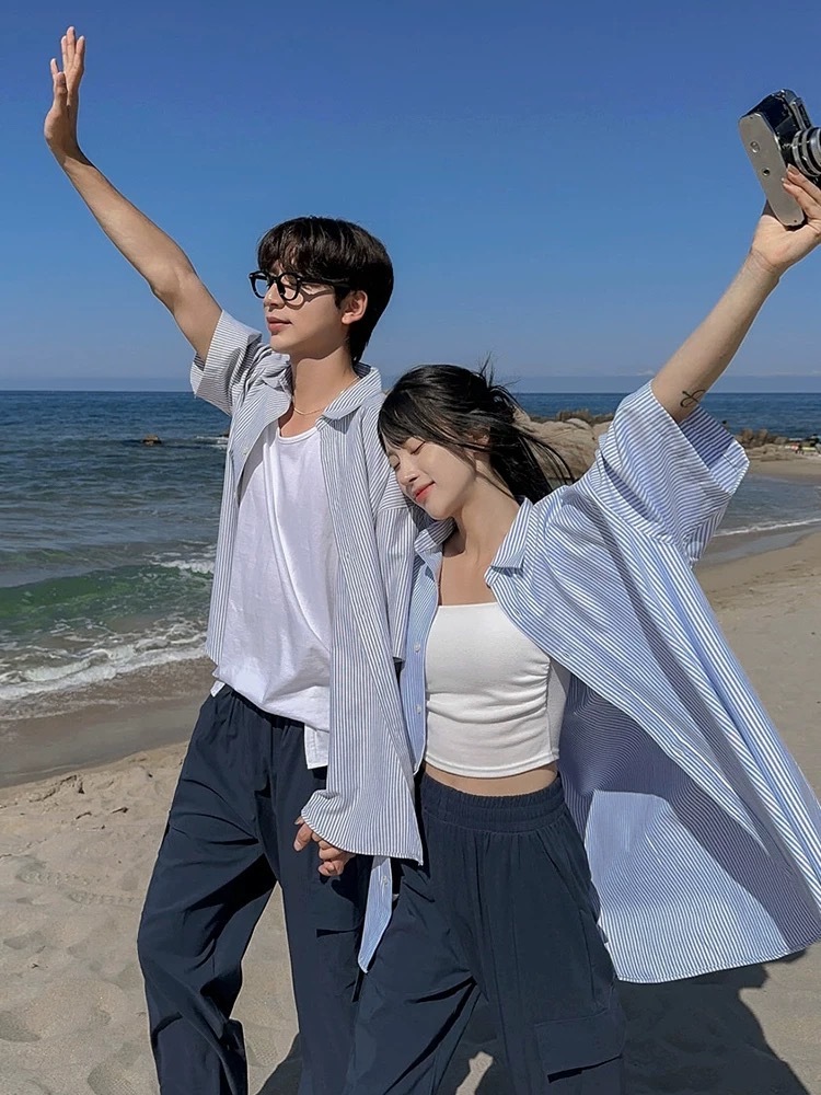 SIMPLEACTION 夏季寬鬆條紋短袖襯衫