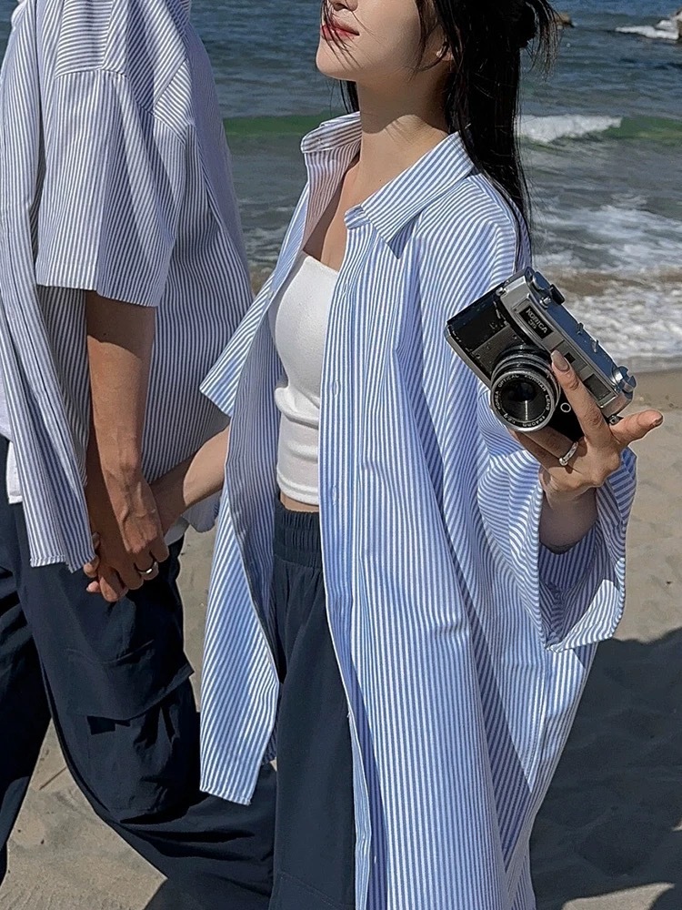 SIMPLEACTION 夏季寬鬆條紋短袖襯衫