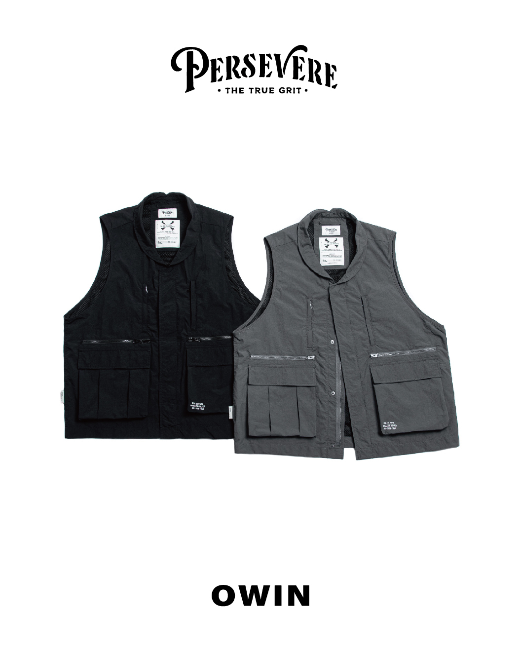 PERSEVERE X OWIN 防潑水尼龍背心 聯名款 黑/淺灰 23 S/S Water-Repellent Vest