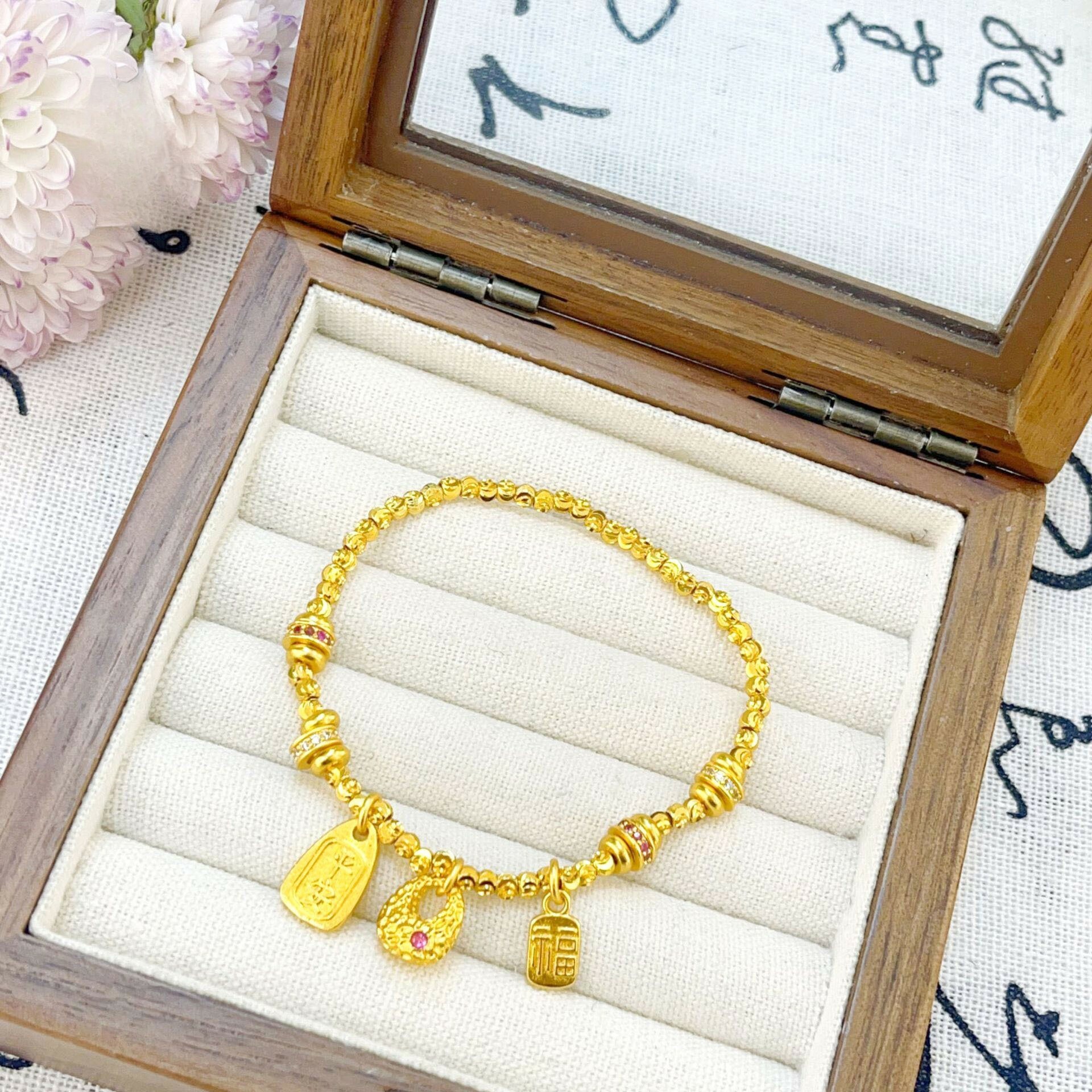 【金輝】閃切花株招財納福轉運古法沙金手鍊