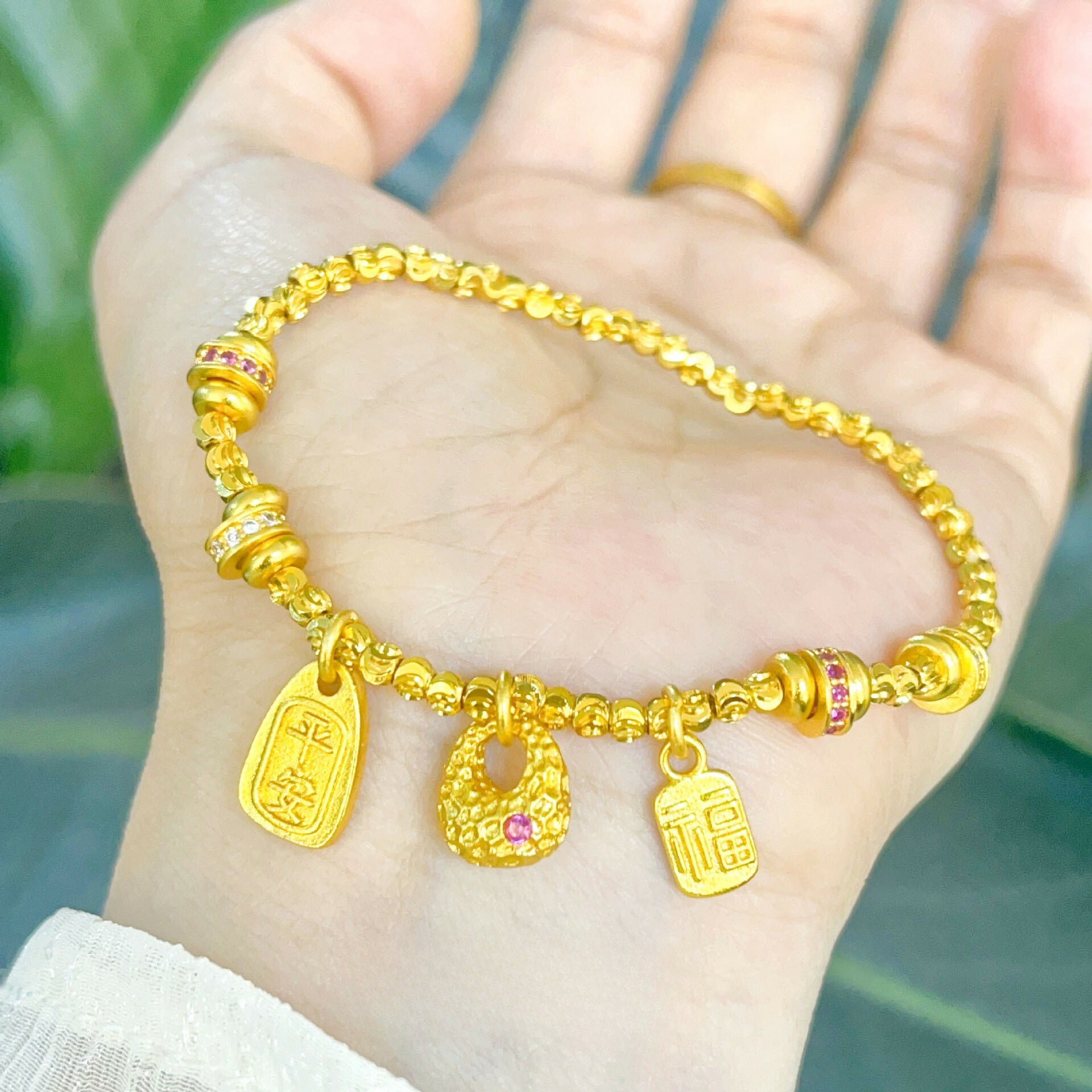 【金輝】閃切花株招財納福轉運古法沙金手鍊