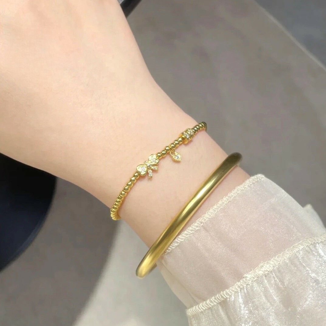 【金輝】點鑽愛心蝴蝶結轉運古法沙金手鍊