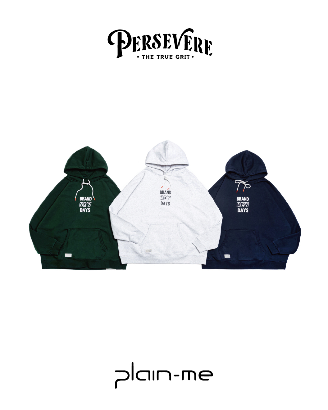 PERSEVERE X Plain-me 文字圖像連帽T恤 聯名款 刷毛 深藍/鴨綠 23 A/W Hoodie