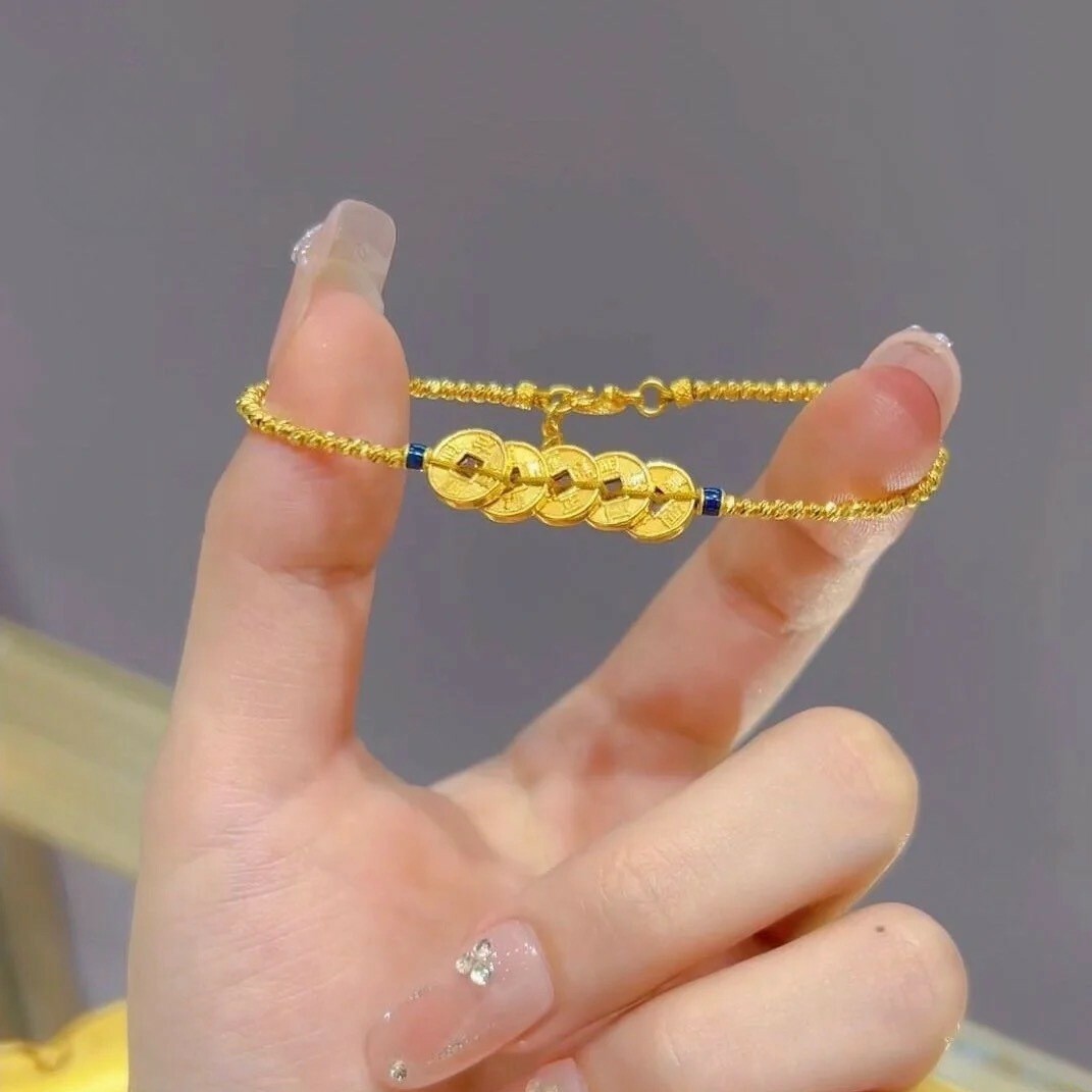 【金輝】五帝錢切花株爆閃古法沙金手鍊