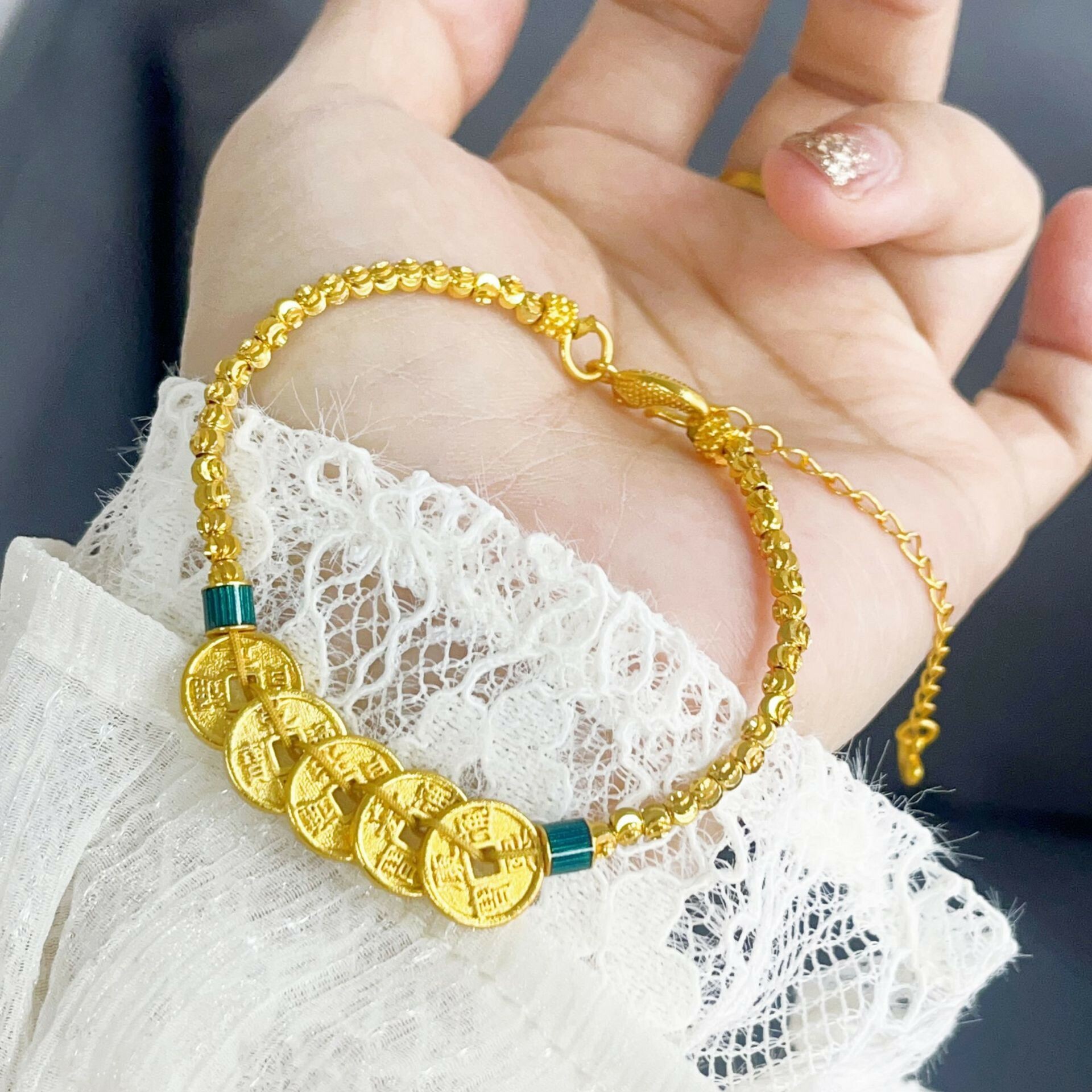 【金輝】五帝錢切花株爆閃古法沙金手鍊