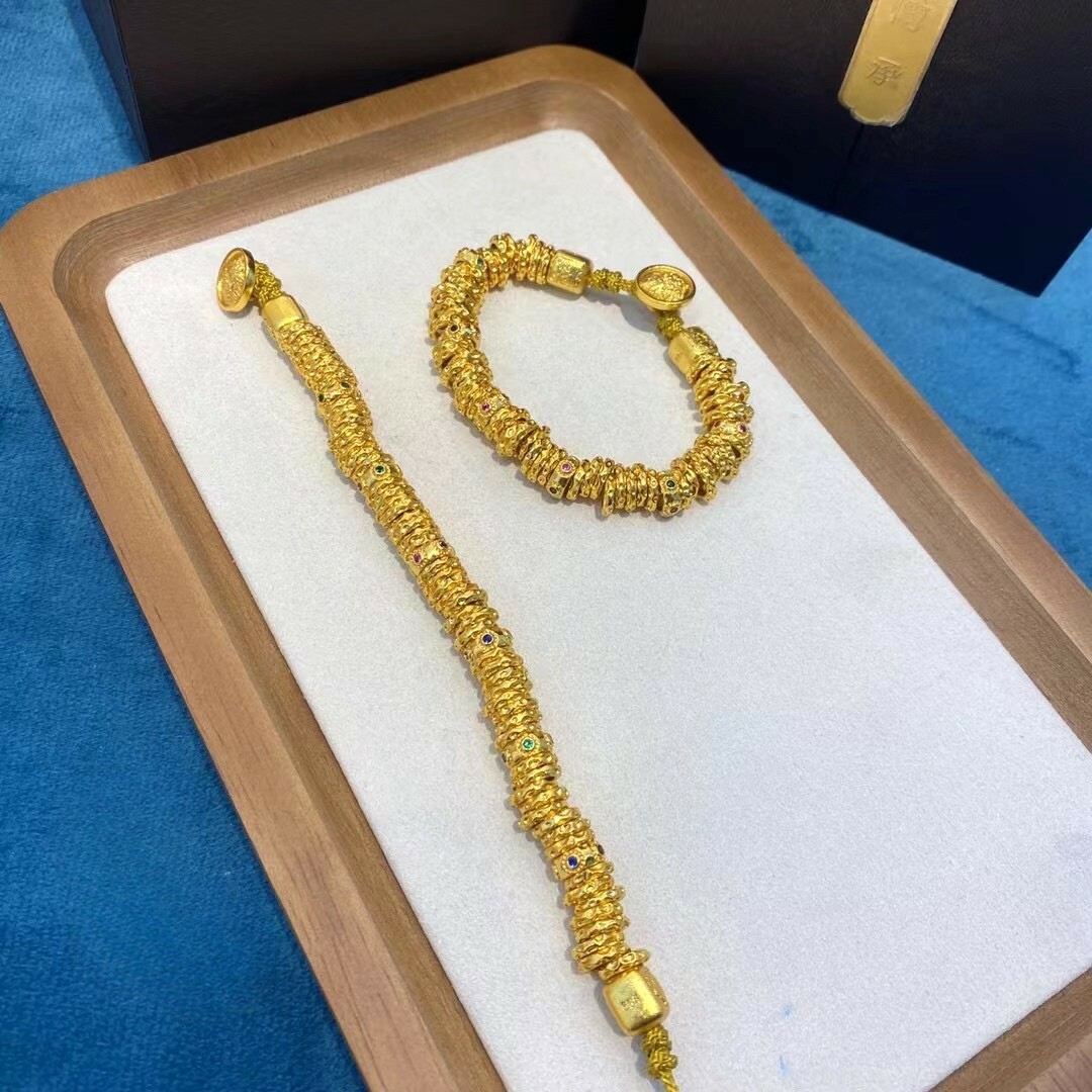 【金輝】黃財神編織錘紋盤纏古法沙金招財手串