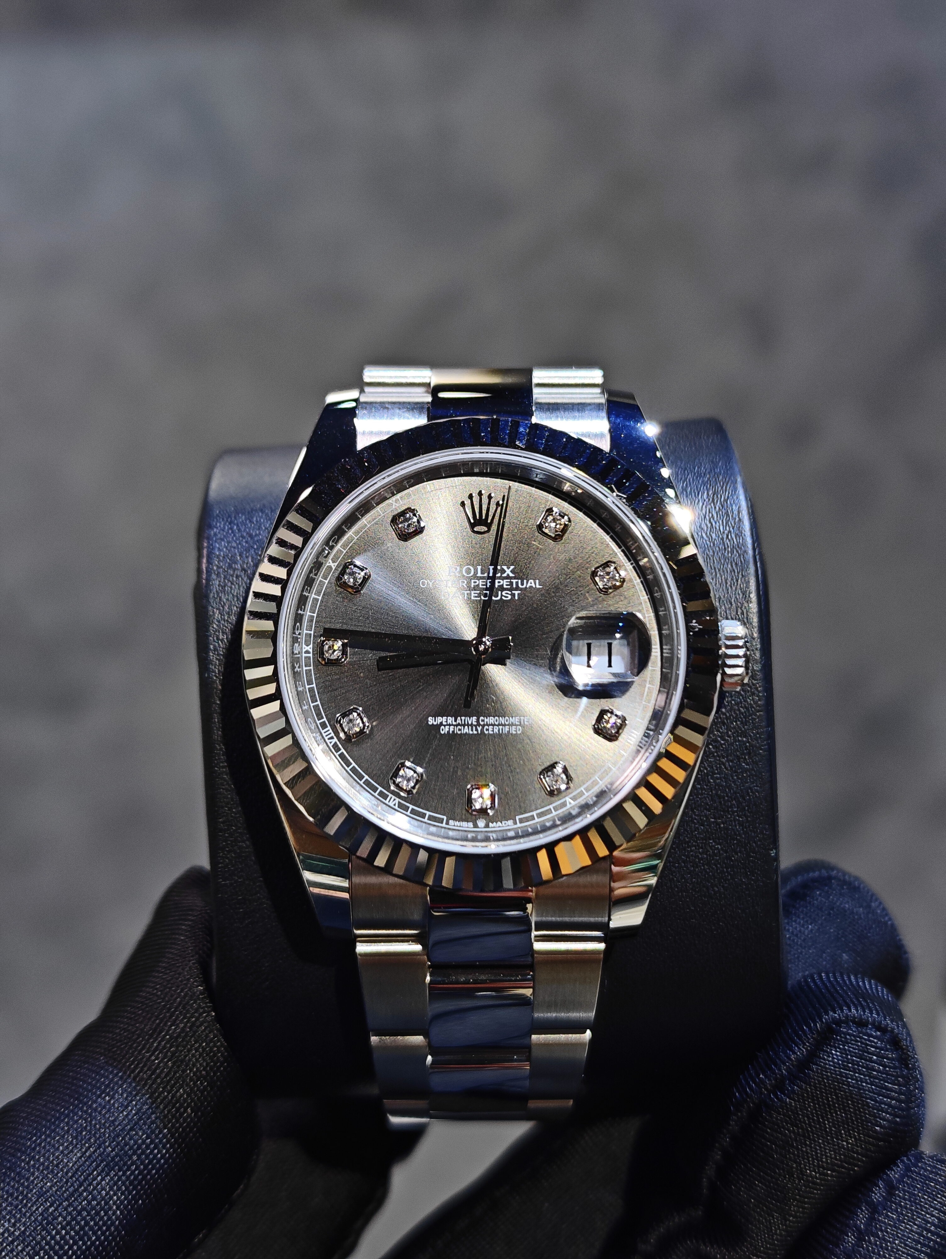 BRAND NEW ROLEX 126334-0005 126334G GREY DIAL WITH DIAMOND WHITE GOLD STEEL DATEJUST INDEX 41MM OYSTER STRAP