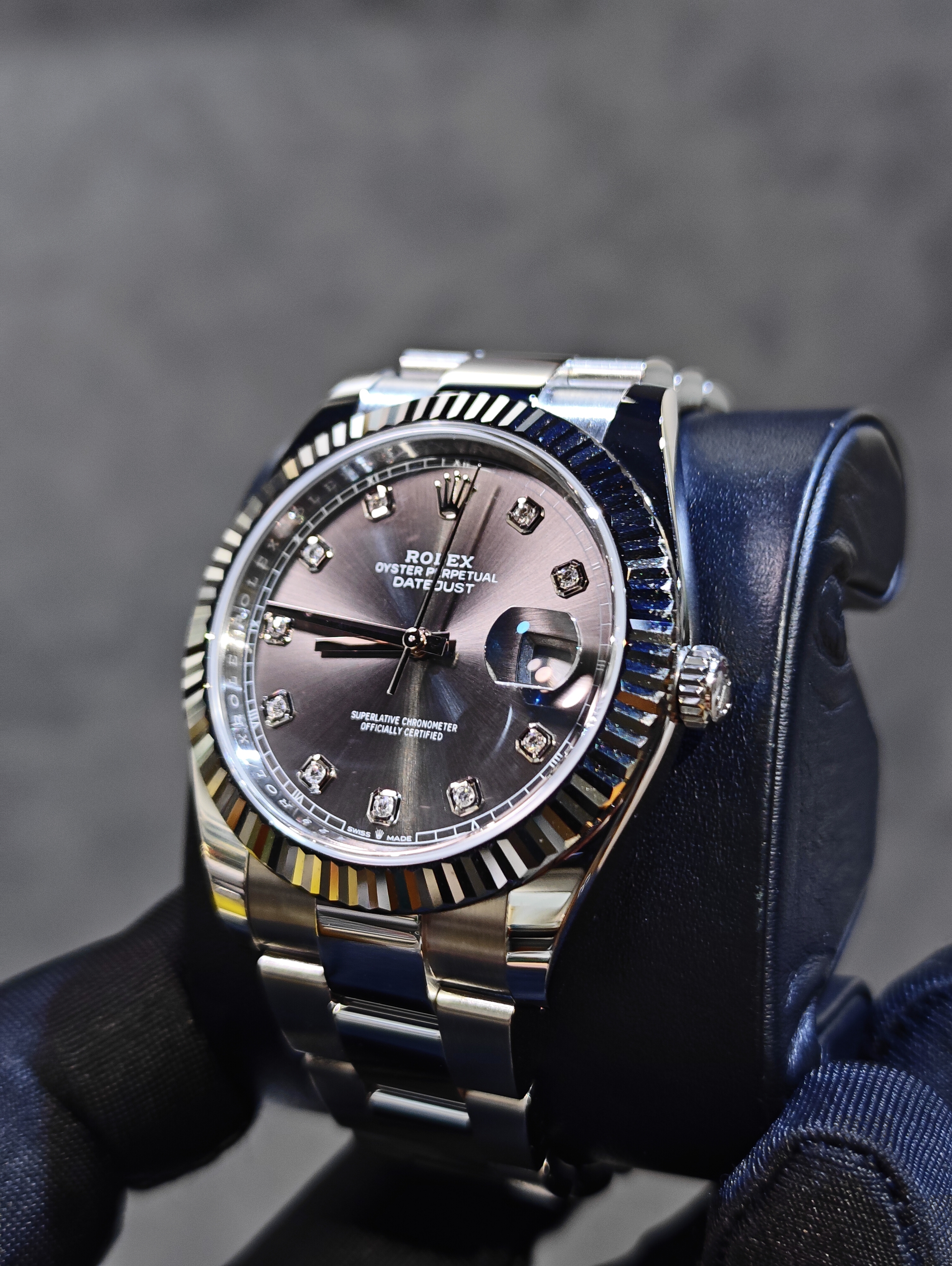 BRAND NEW ROLEX 126334-0005 126334G GREY DIAL WITH DIAMOND WHITE GOLD STEEL DATEJUST INDEX 41MM OYSTER STRAP