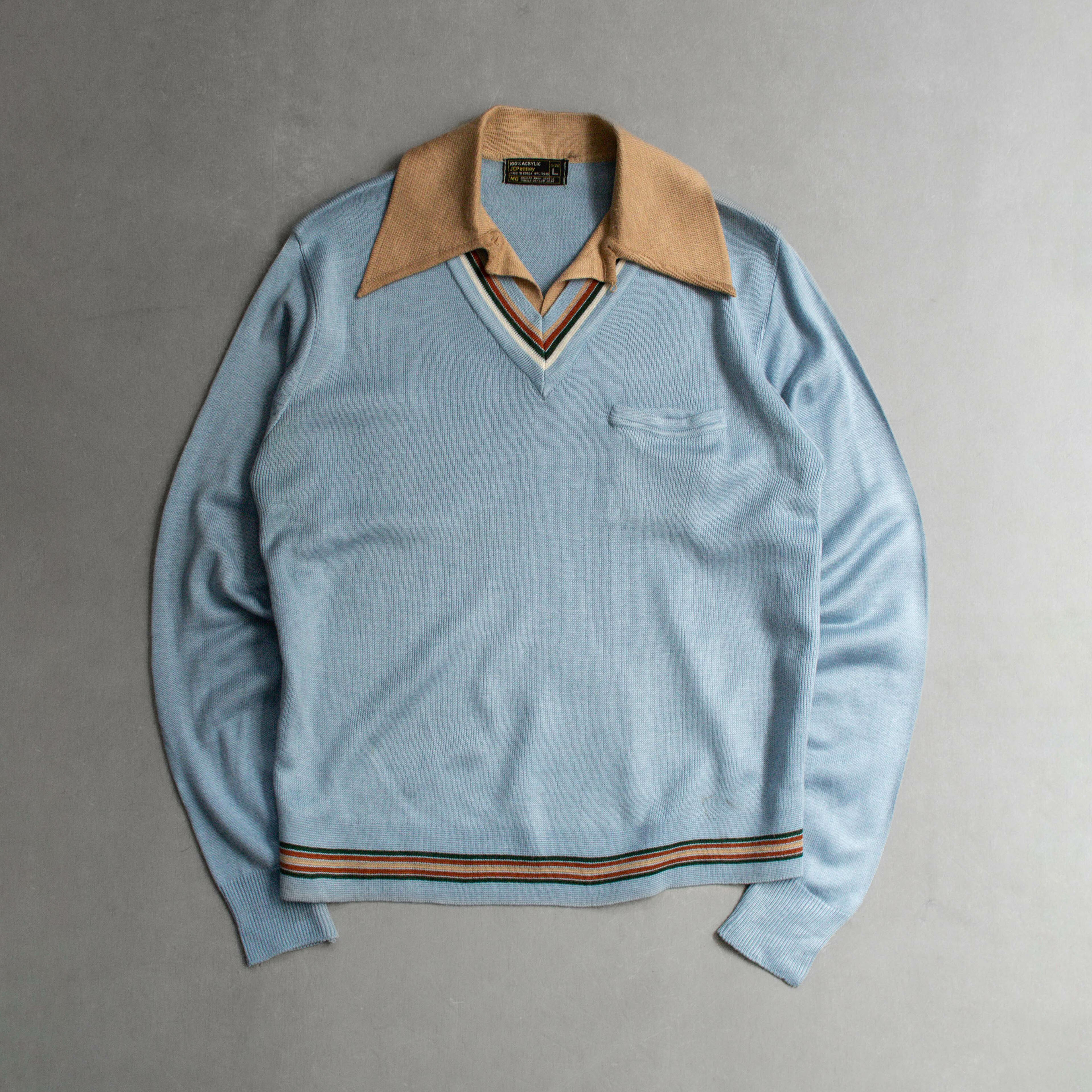 70S JC PENNEY KNIT POLO SHIRT 美國 淺藍 針織 長袖 套頭 箭領 POLO衫