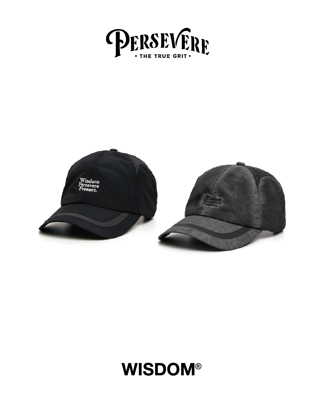 PERSEVERE X WISDOM® 聯名款拼接棒球帽 黑/水洗灰 24 A/W Loomed Echoes Washed Blocking Cap