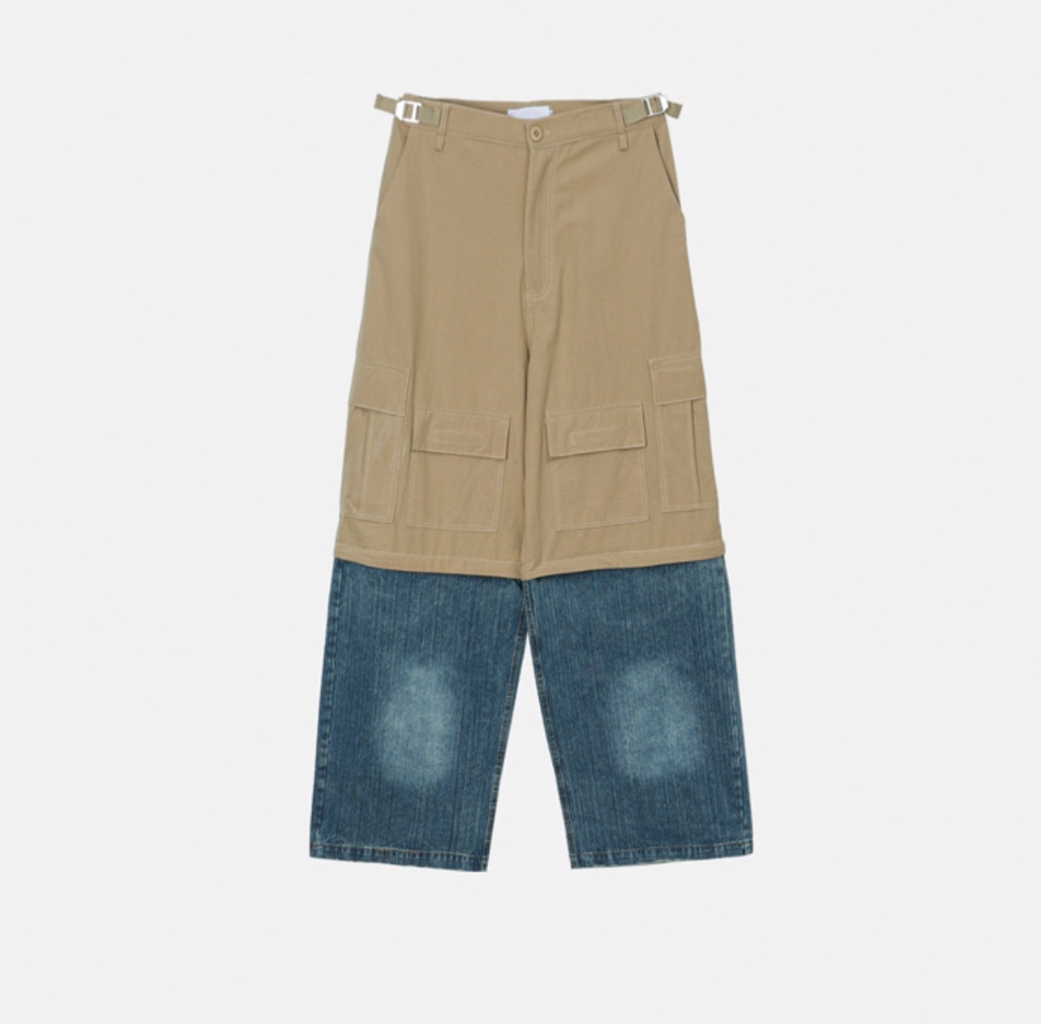 可拆式拼接剪裁闊腿牛仔褲