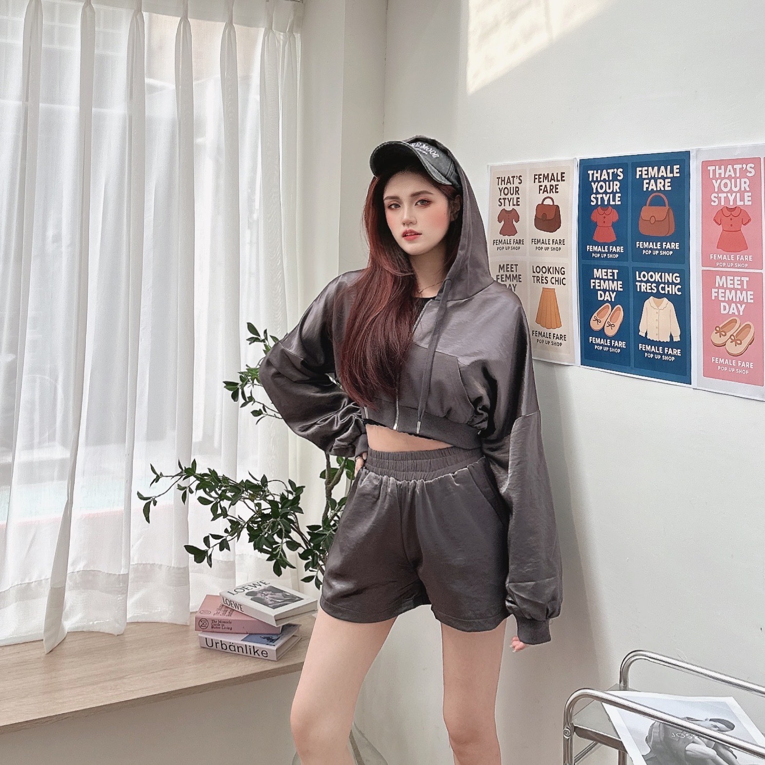 緞面天絲光澤連帽套裝/二色