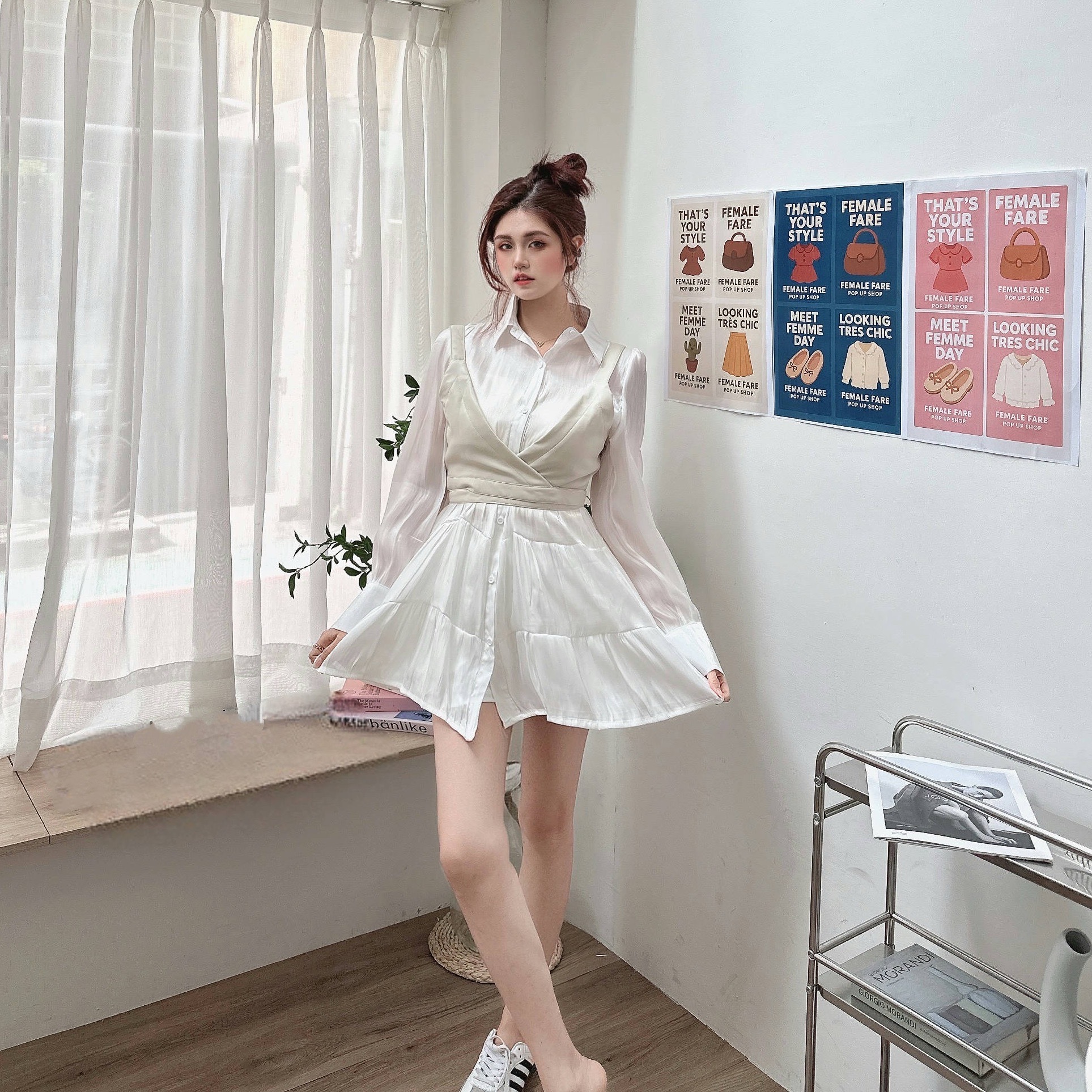 法式水波紋光澤洋裝+皮革馬甲套裝/二色