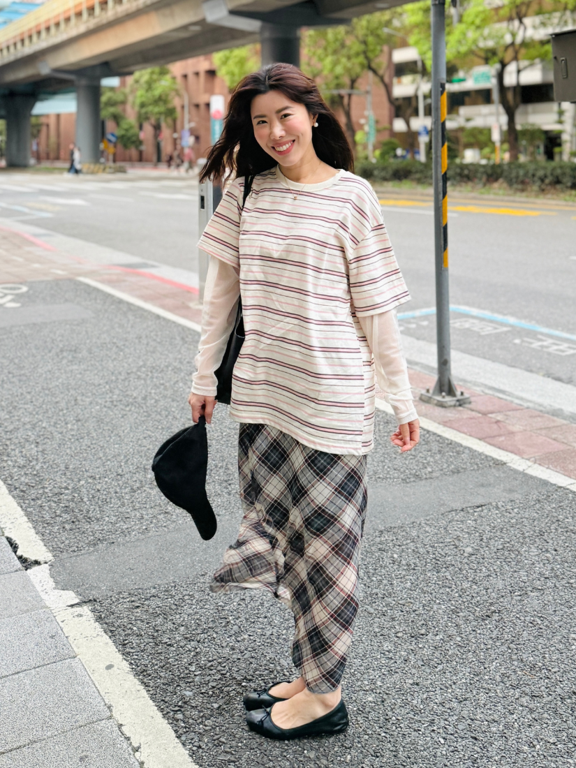 [現貨] Fake Two-piece Gauze Striped T-shirt [ Pink / Free ]