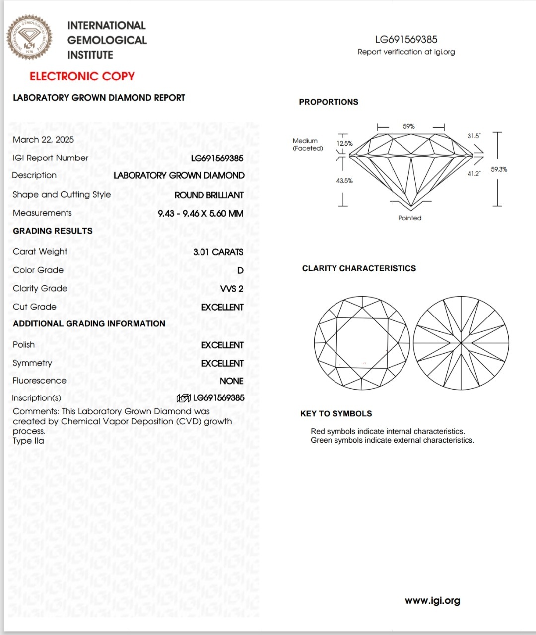 IGI LAB GROWN DIAMOND 3.01 D VVS2 3EX NON