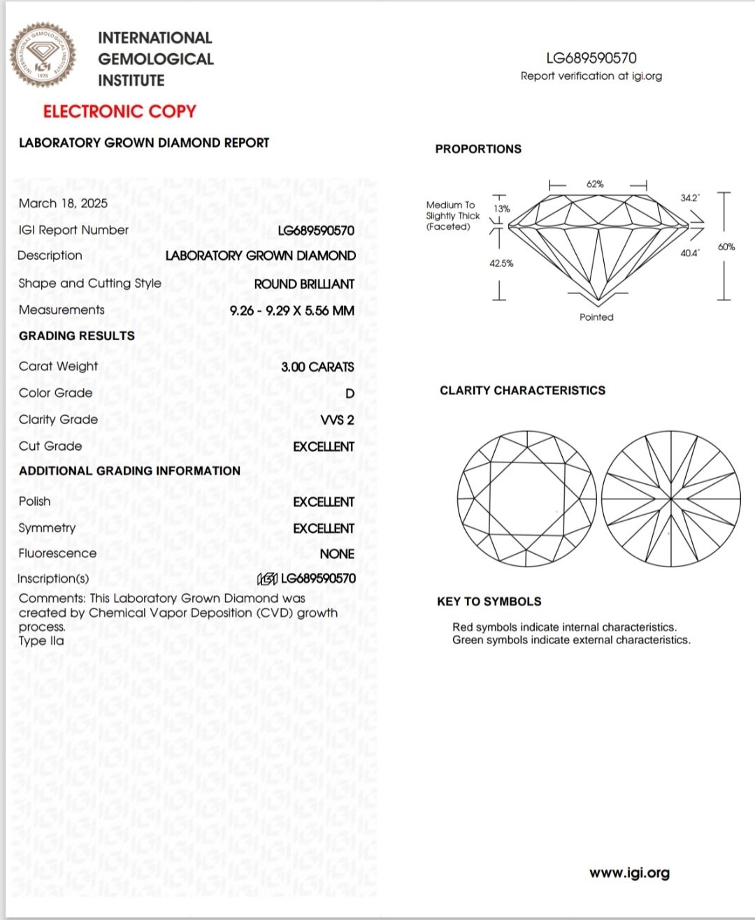 IGI LAB GROWN DIAMOND 3.00 D VVS2 3EX NON
