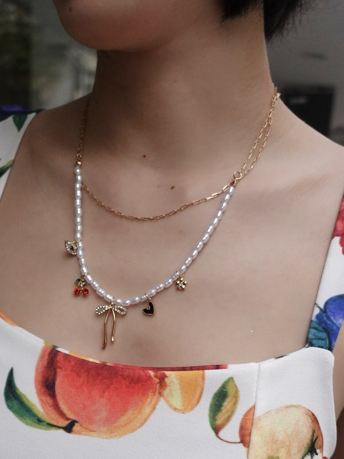 Summer Cherry櫻桃蝴蝶結珍珠短項鏈