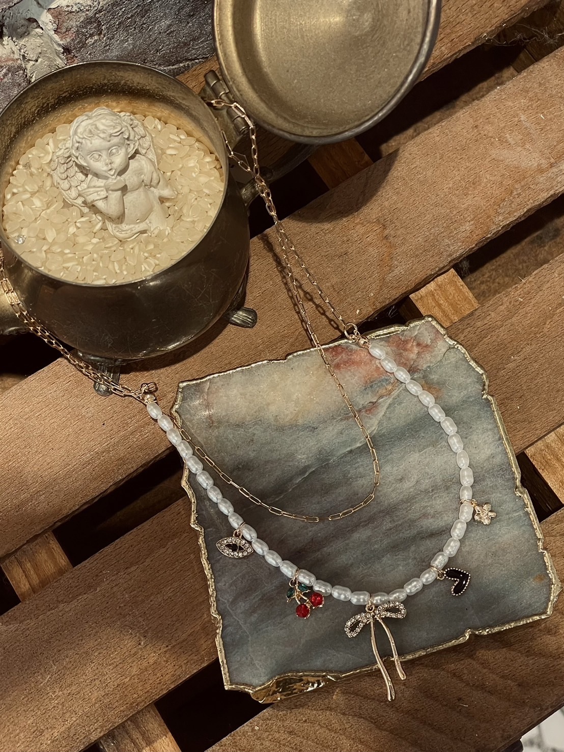 Summer Cherry櫻桃蝴蝶結珍珠短項鏈