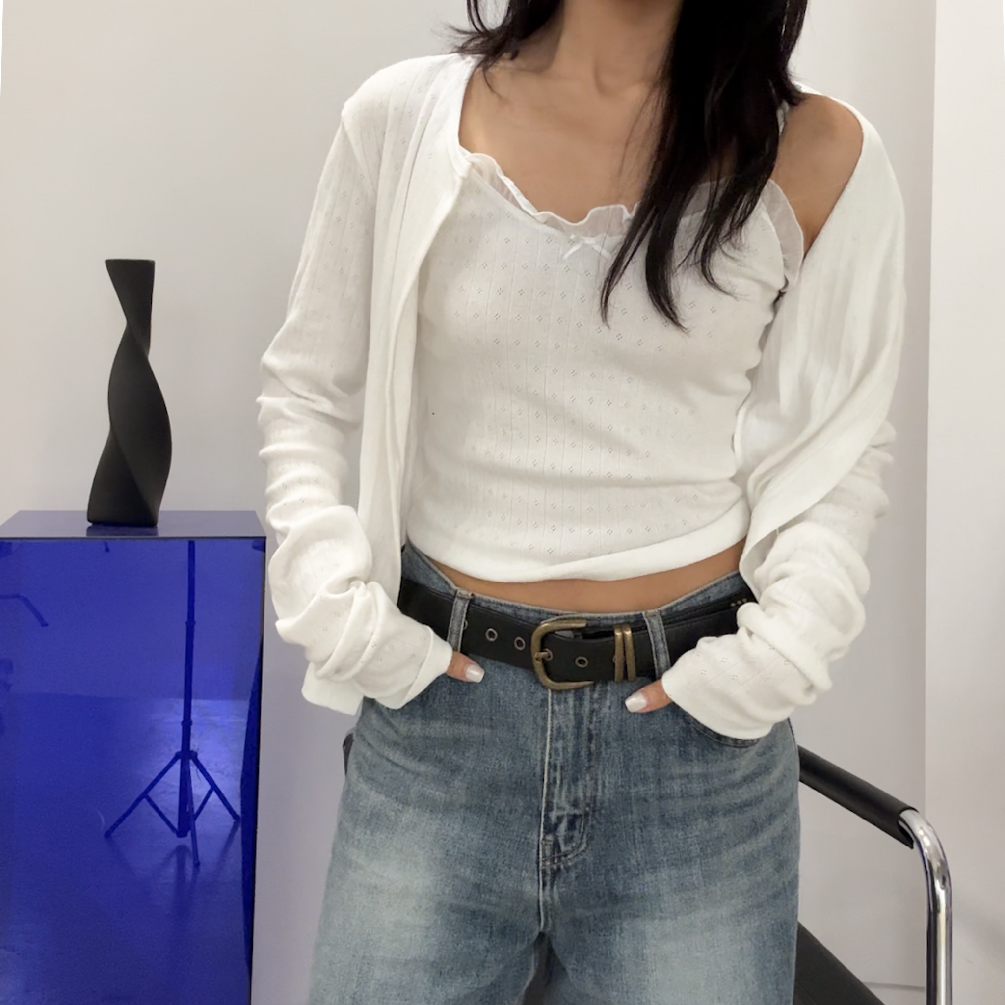 蕾絲蝴蝶結直紋背心針織外SET(白)