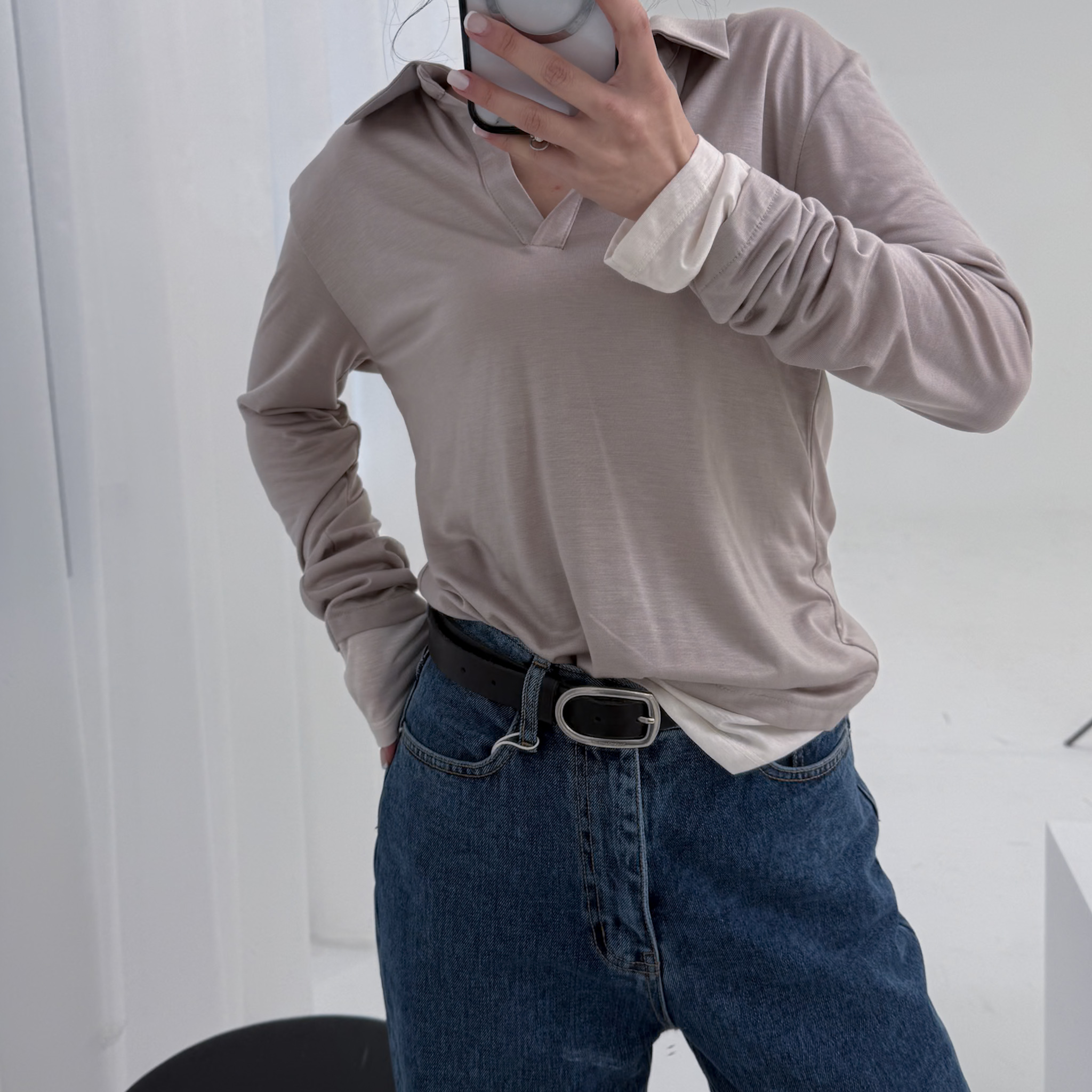 M49Tencel100雙層配色開襟衫(藕)