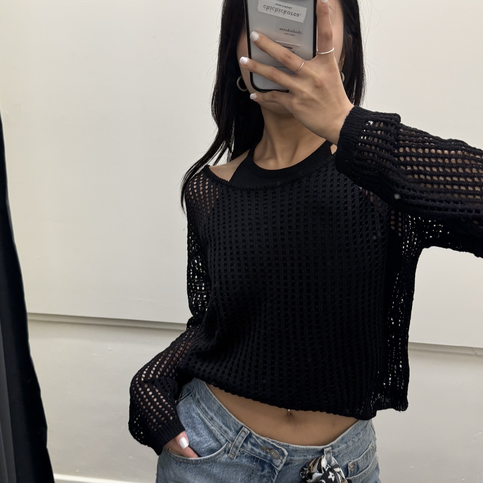 兩件式削肩背心洞洞上衣(黑)