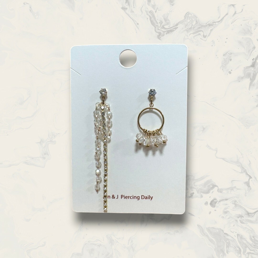 韓國直送-銀針 不對稱 白鋯耳針吊白晶串+鋯鍊