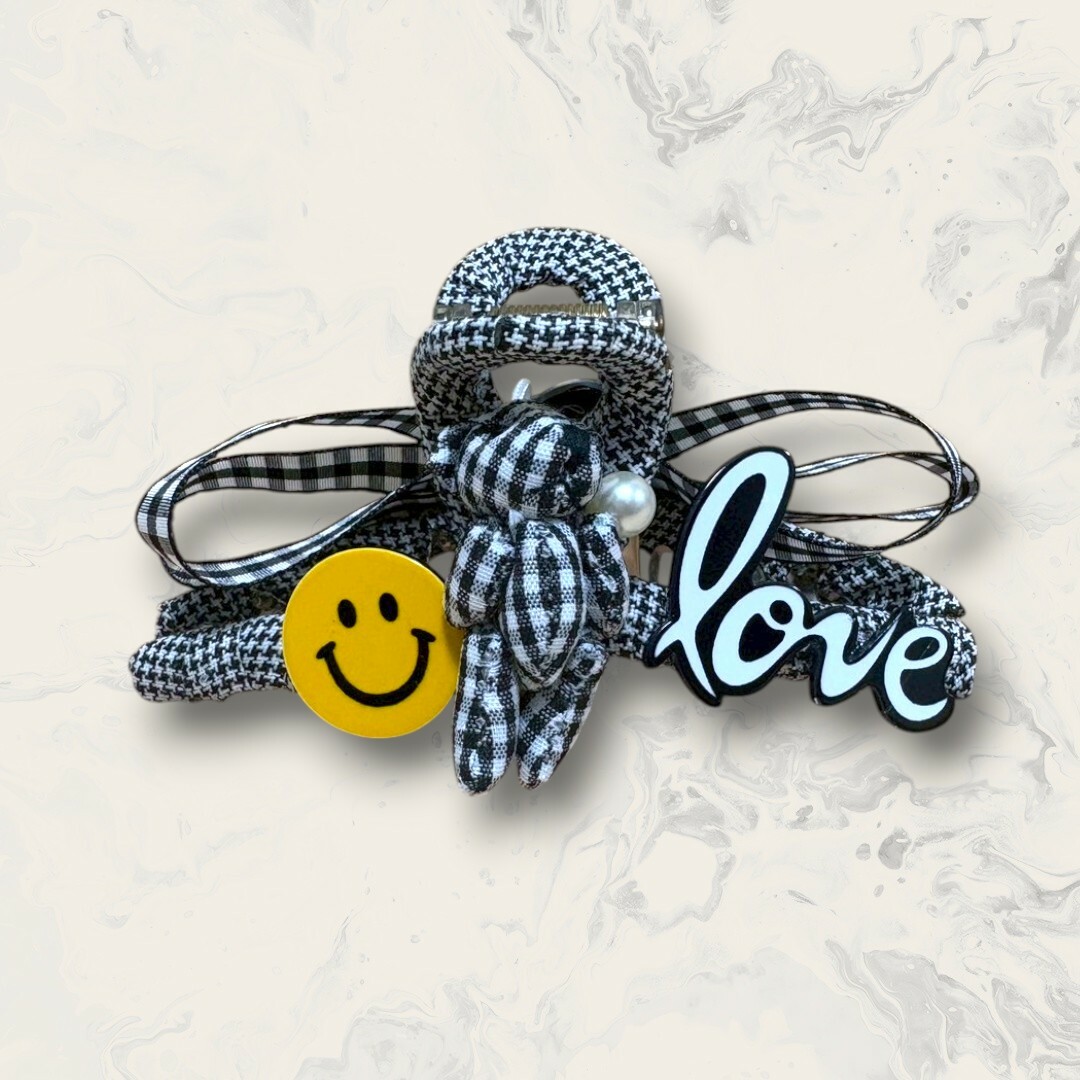 韓國直送髮飾 黑白格子中熊熊側微笑牌+多層蝴蝶結鯊魚夾