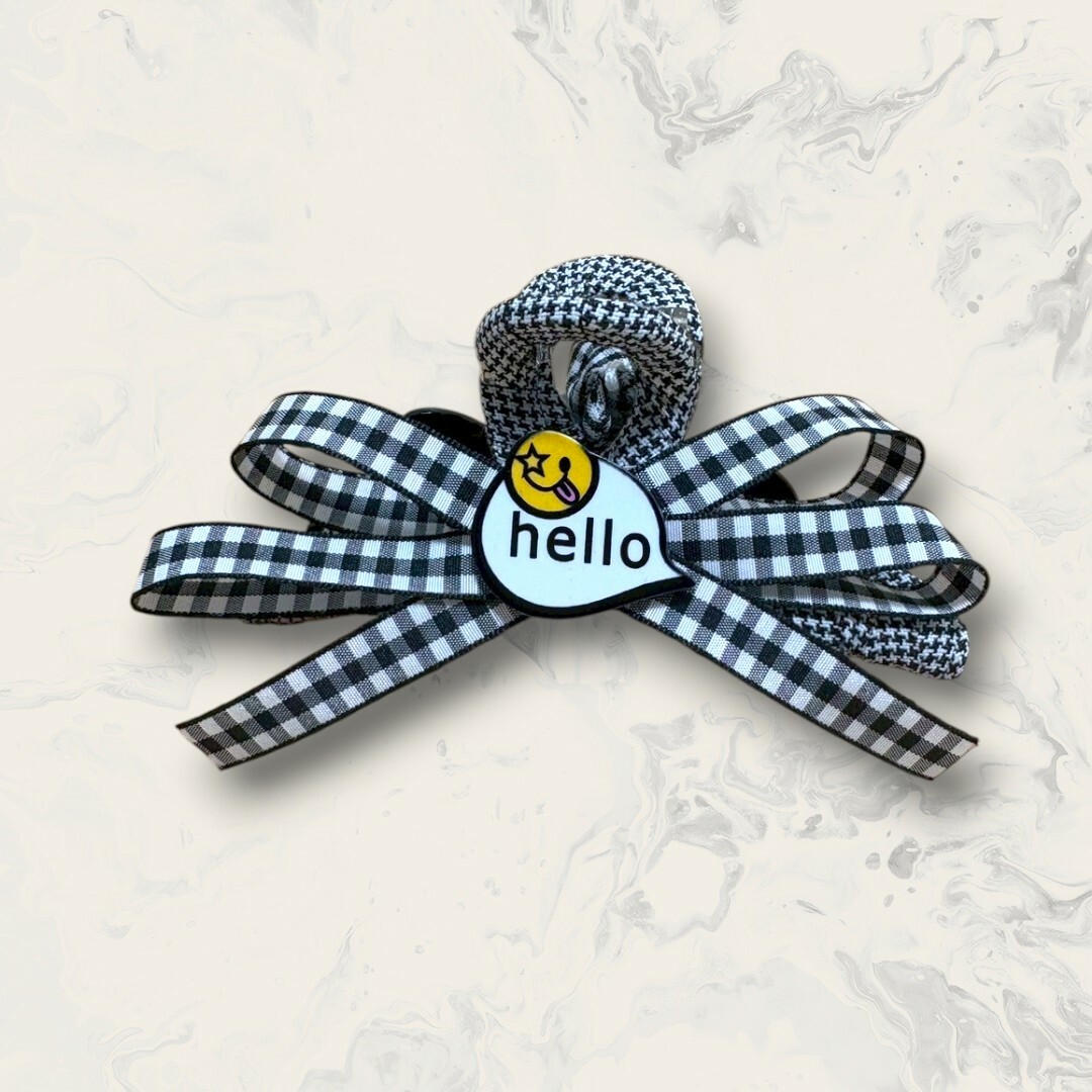 韓國直送髮飾 黑白格子中熊熊側微笑牌+多層蝴蝶結鯊魚夾