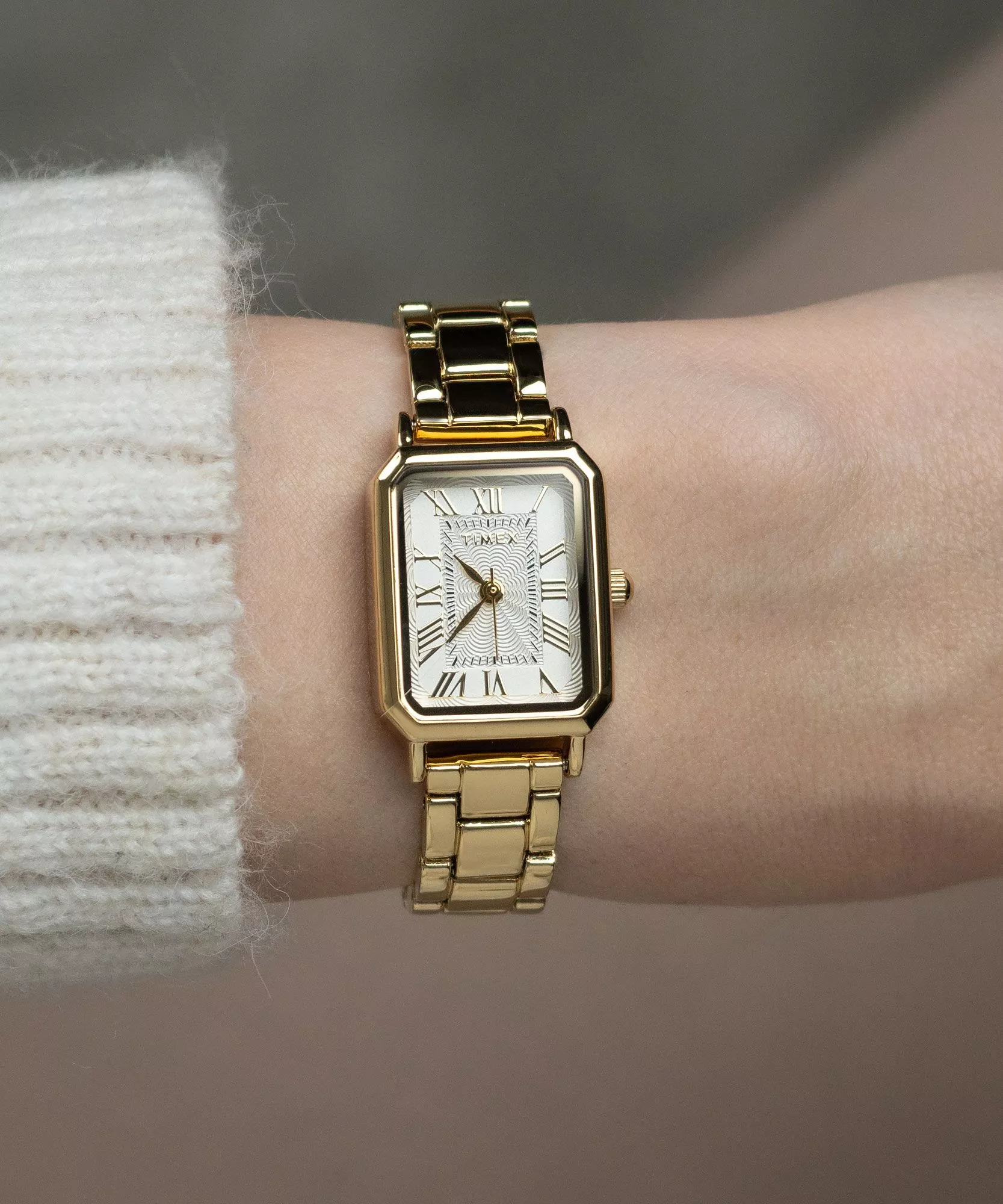 萬年鐘錶 - TIMEX 天美時  Dress 系列  全金色經典羅馬時標方形不鏽鋼女錶 TW2Y01200 錶徑21MM