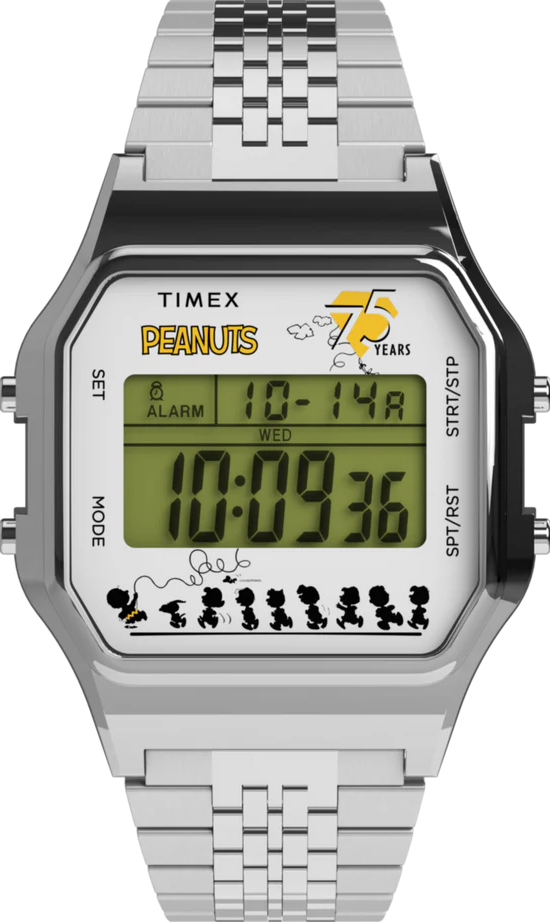 萬年鐘錶 - TIMEX 天美時  Timex x Peanuts® T80 75 週年紀念版方型不鏽鋼電子錶 TW2Y20000  錶徑 34MM