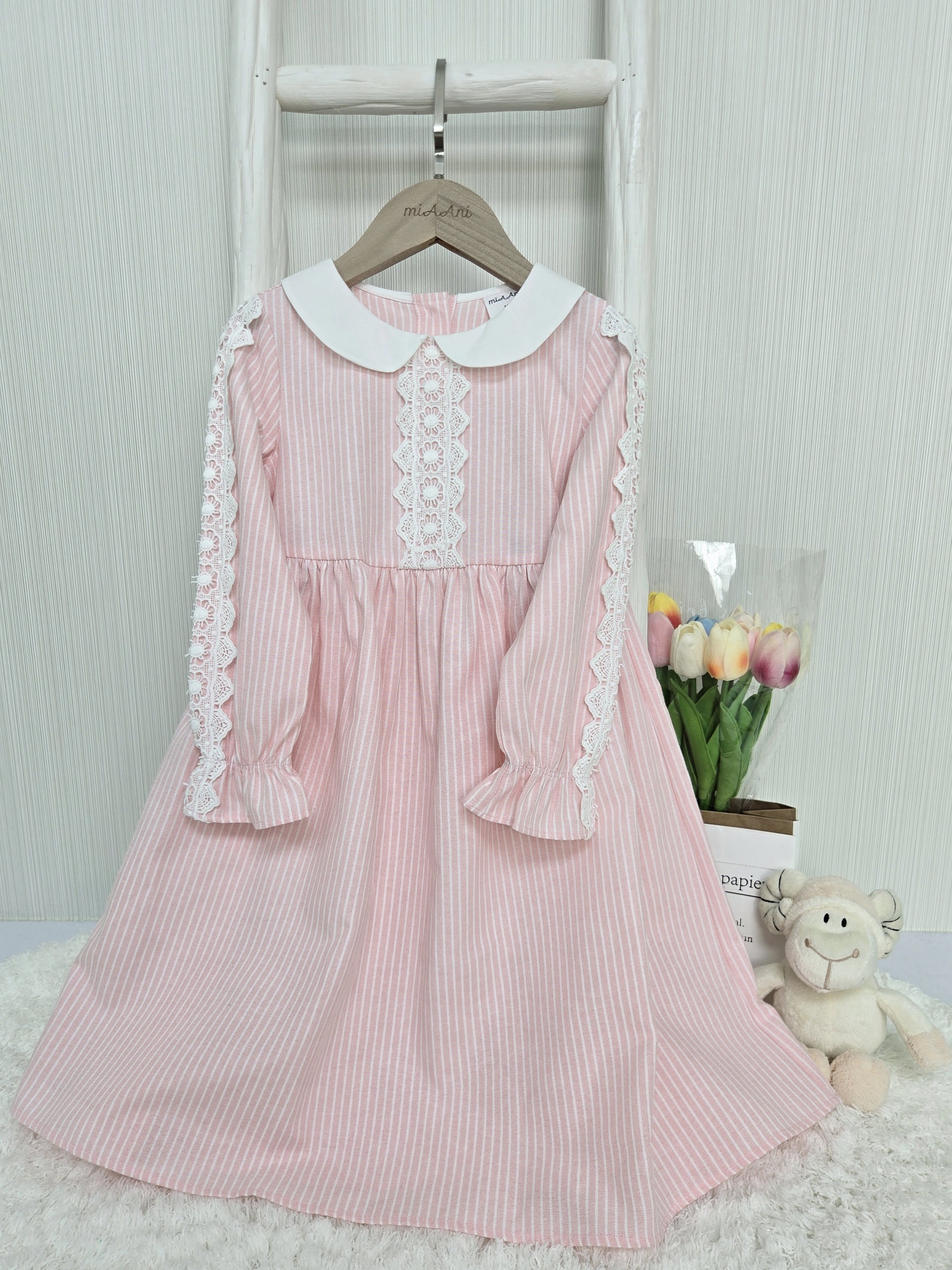 Elma dress 粉紅色條子牛津紡拼喱士裙