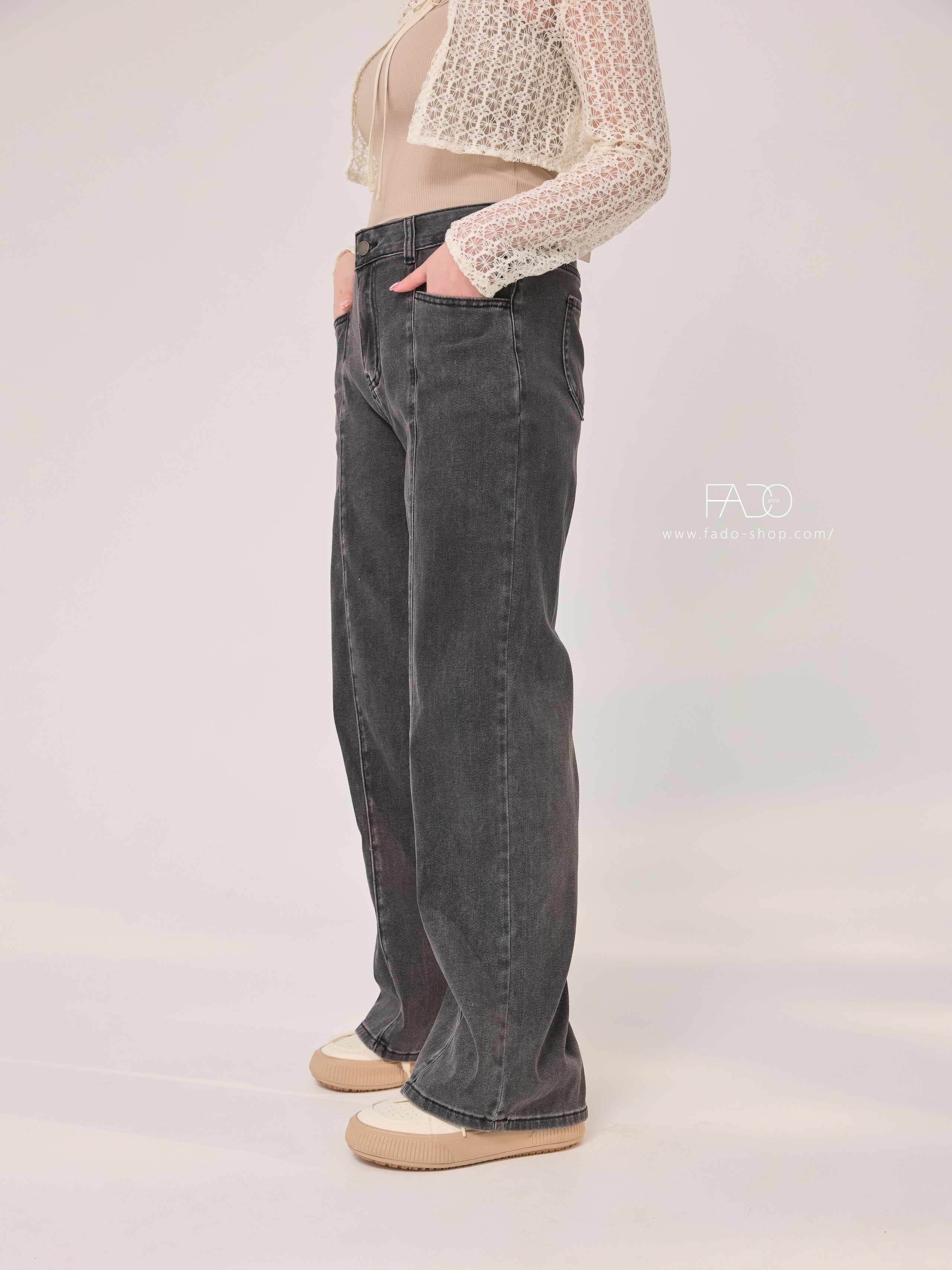 法朵Fado shop｜ 平口袋彈力刷色黑色寬褲 S~XL 2543011