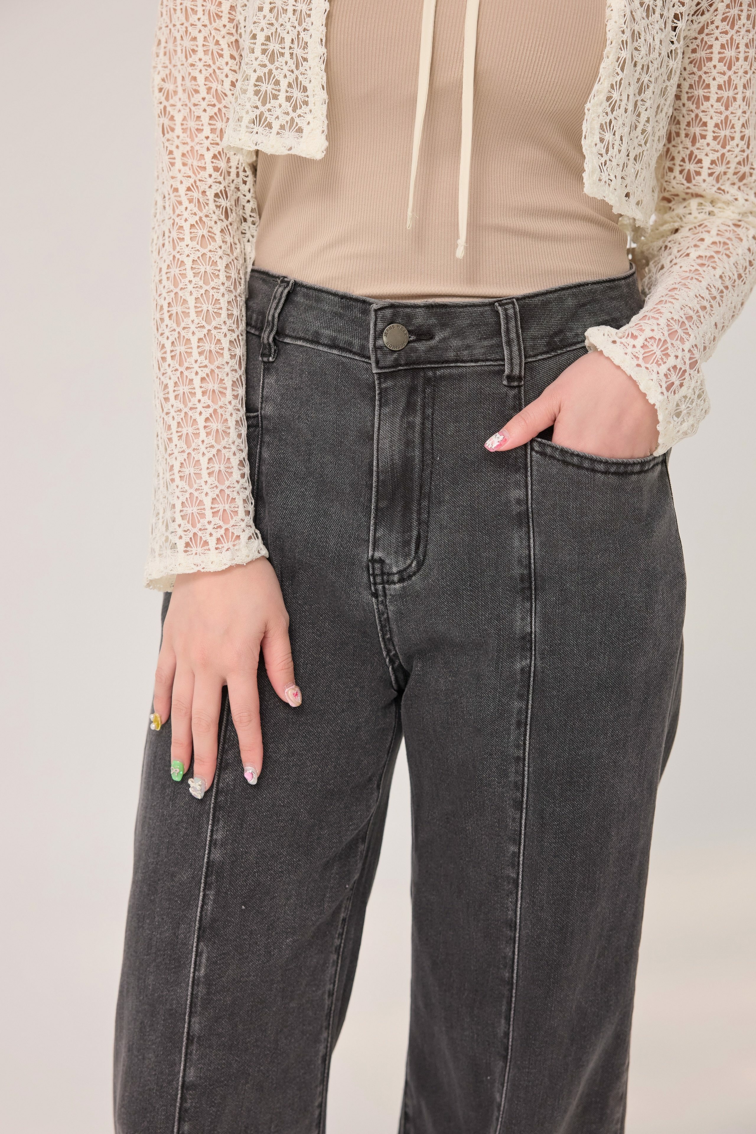 法朵Fado shop｜ 平口袋彈力刷色黑色寬褲 S~XL 2543011