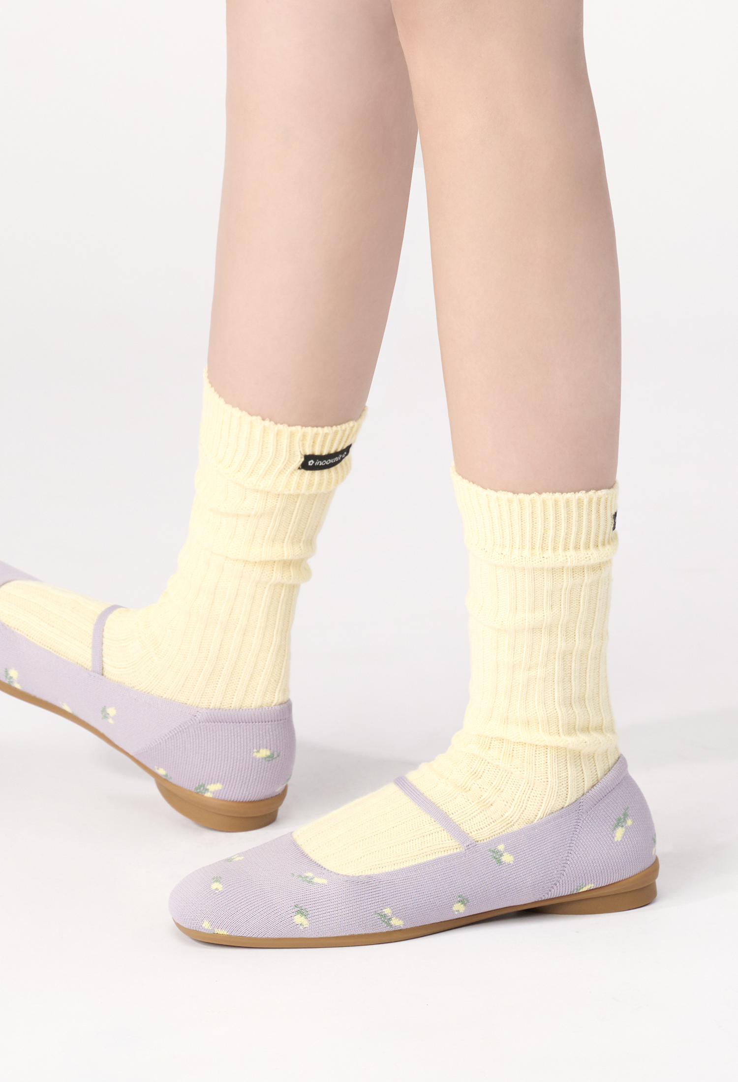 花瓣羅紋襪 奶油黃